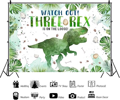 Miniatura 3 de TOENGS Telón de fondo de cumpleaños de 8 x 6 pies para niños de tres años, acuarela, dinosaurio, fotografía, fondo, cuidado con tres rex, hojas