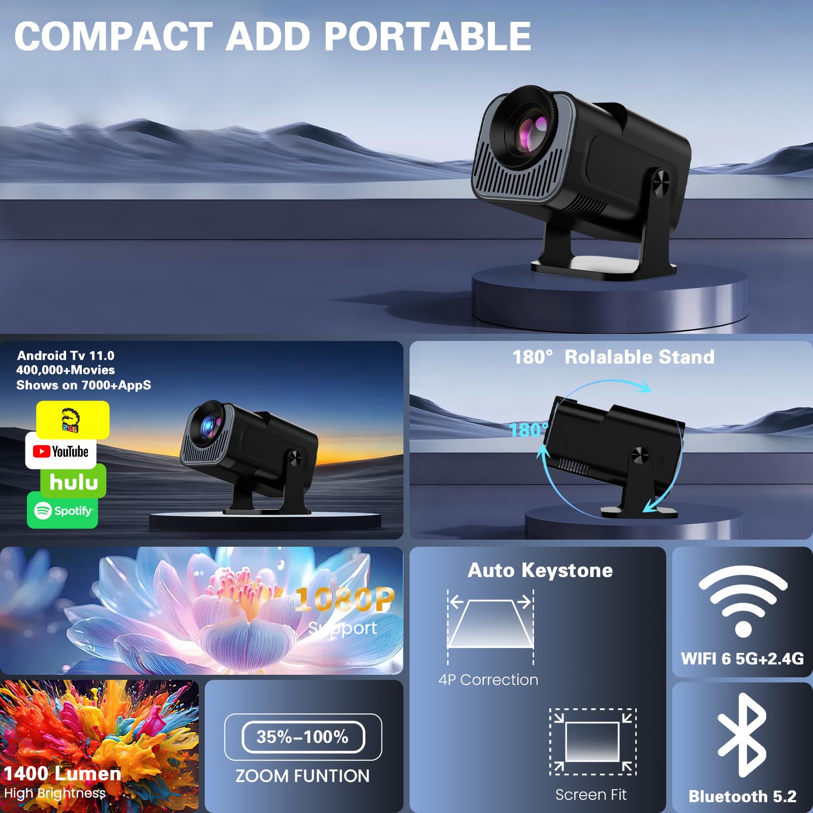 Vidéoprojecteur 4K 1080P WiFi 6 et Bluetooth 5.4 Rotation 180°, Noir | App intégrée, Mini Projecteur Portable, Auto Keystone, Compatible Con HDMI/TV Stick/Laptop