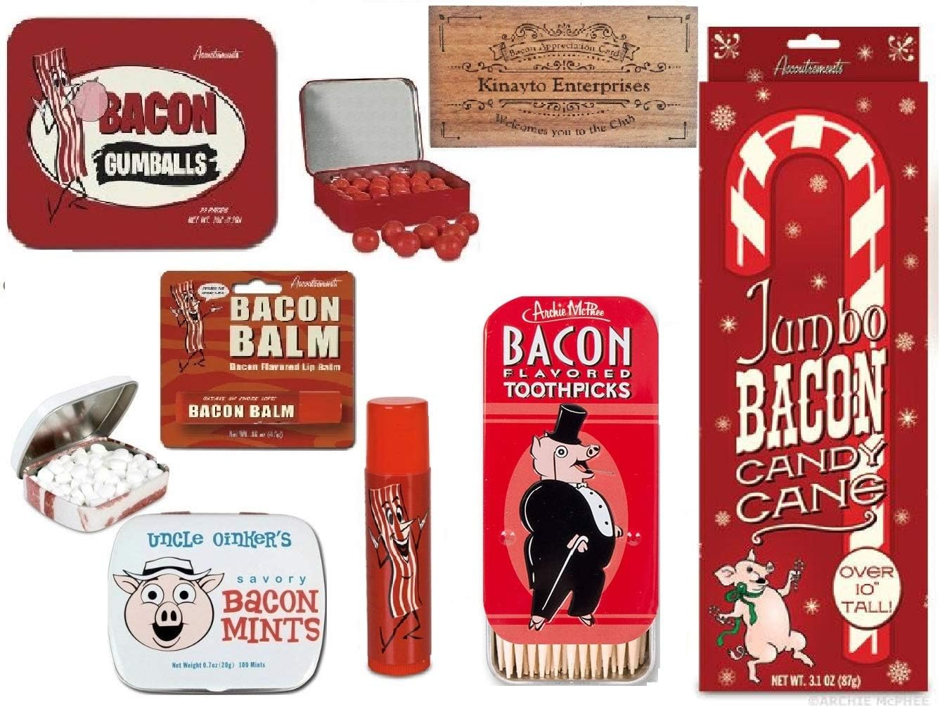 Bacon Candy Gift Set Gag Bag- 5 piece set, Bacon sizzling bandages, bacon lip balm, bacon gumballs, bacon mints & bacon toothpicks. By Kinayto Enterprises