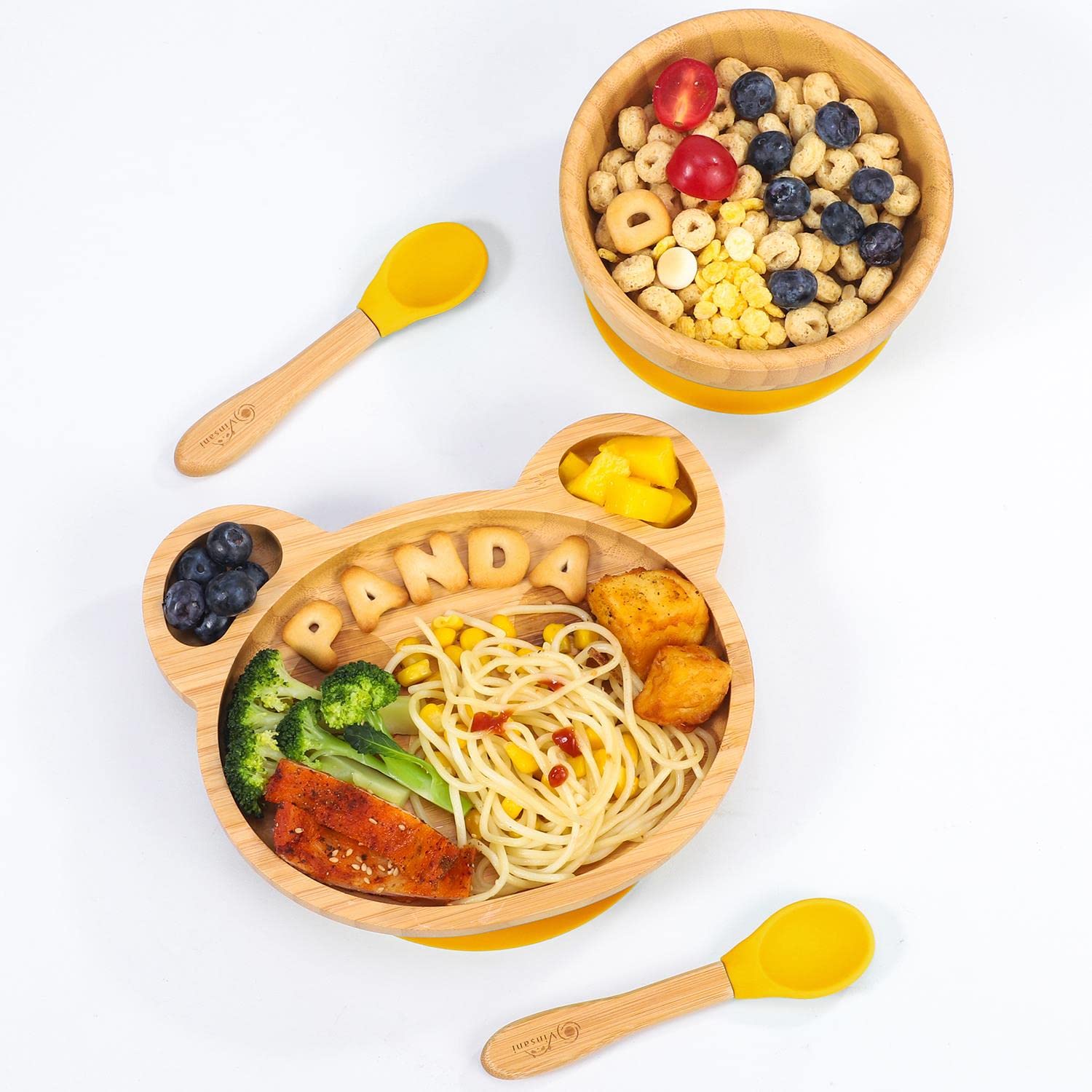 Vinsani Bamboo Panda Plate Bowl and Spoon Set for Baby Toddler Kids Children, Suction Plate, Stay-Put Non-Slip Base Design, Hypoallergenic, Food-Grade Silicone and BPA-Free Baby Feeding Set (Yellow)