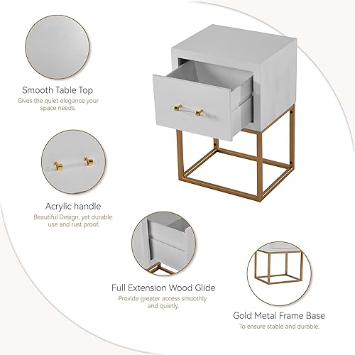 Miniatura 5 de LONYKE Juego de 2 mesitas de noche modernas de 1 cajón, mesa auxiliar minimalista con amplio cajón de almacenamiento y patas de metal dorado, para