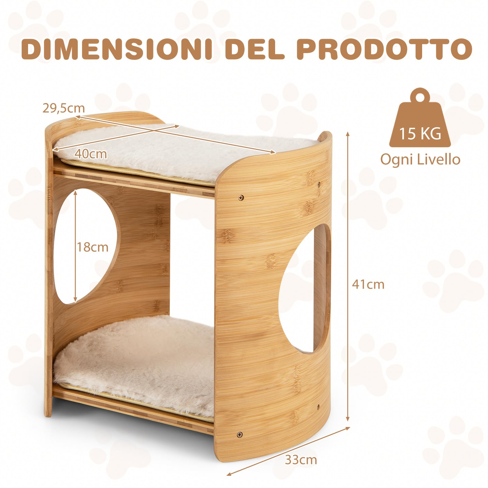 COSTWAY Letto Rialzato per Gatti, Cuccia per Gatti a 2 Livelli da Interno con Struttura in Bambù Naturale, Tappetini Morbidi Rimovibili e Lavabili, Lettino per Cuccioli
