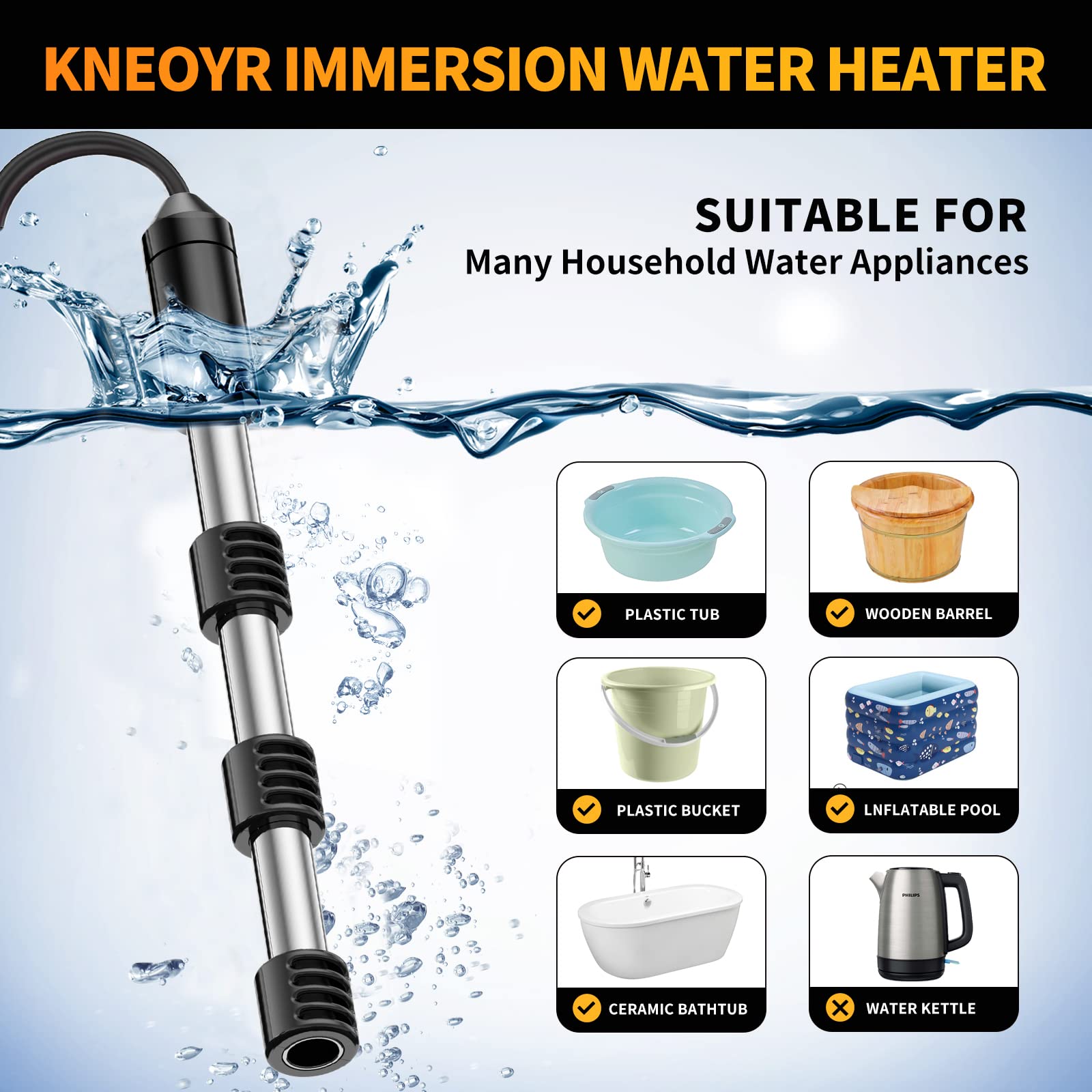 C-Type Immersion Heater – Submersible Water Heater 1-Pack For Heating Liquids In Tanks, Buckets, And More