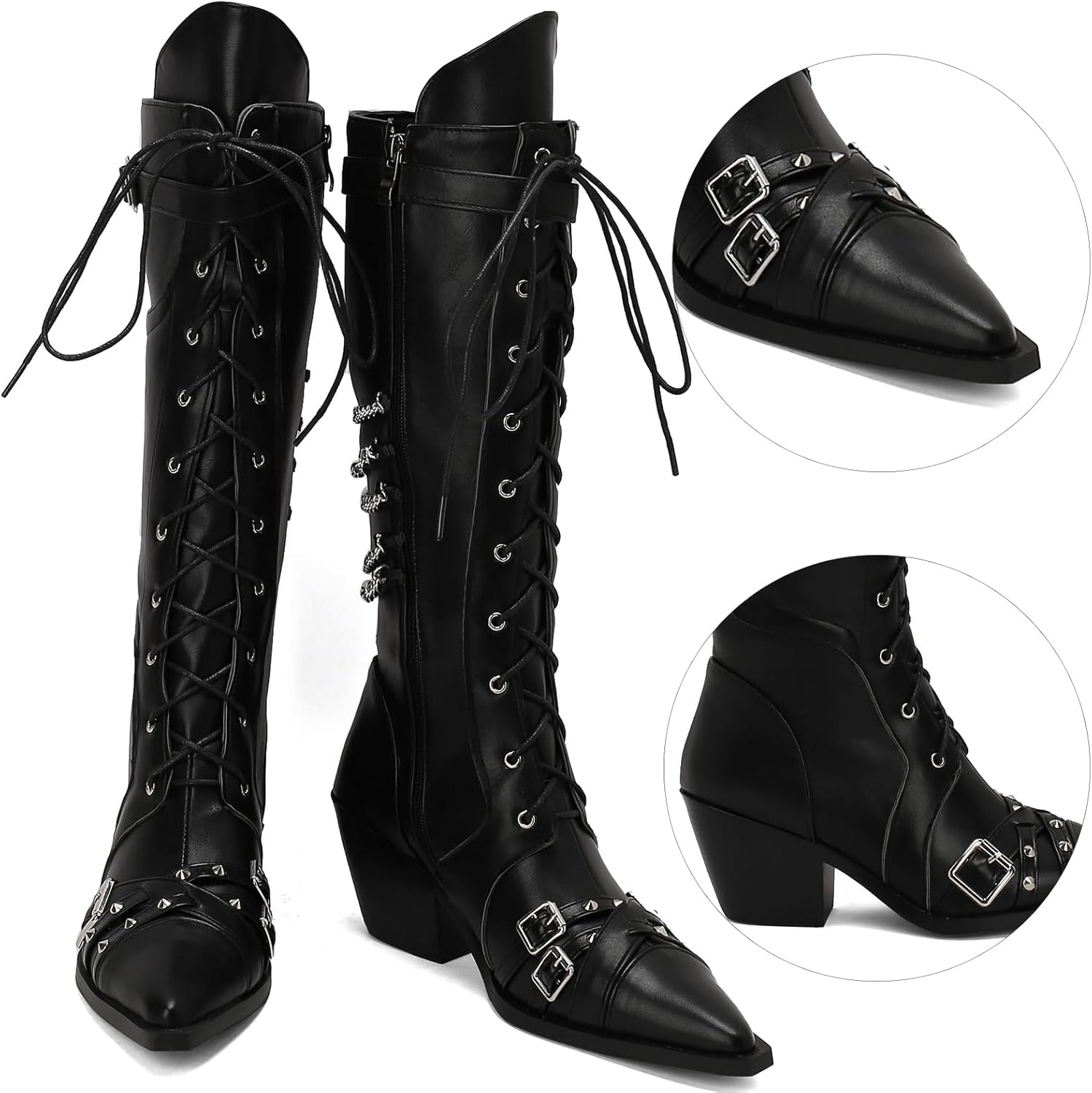Women Goth Cowboy boots Gothic Steam Punk Boots Knee High Buckles Rrivets Witch Boots Pirate Vintage Block Rave Western Boots
