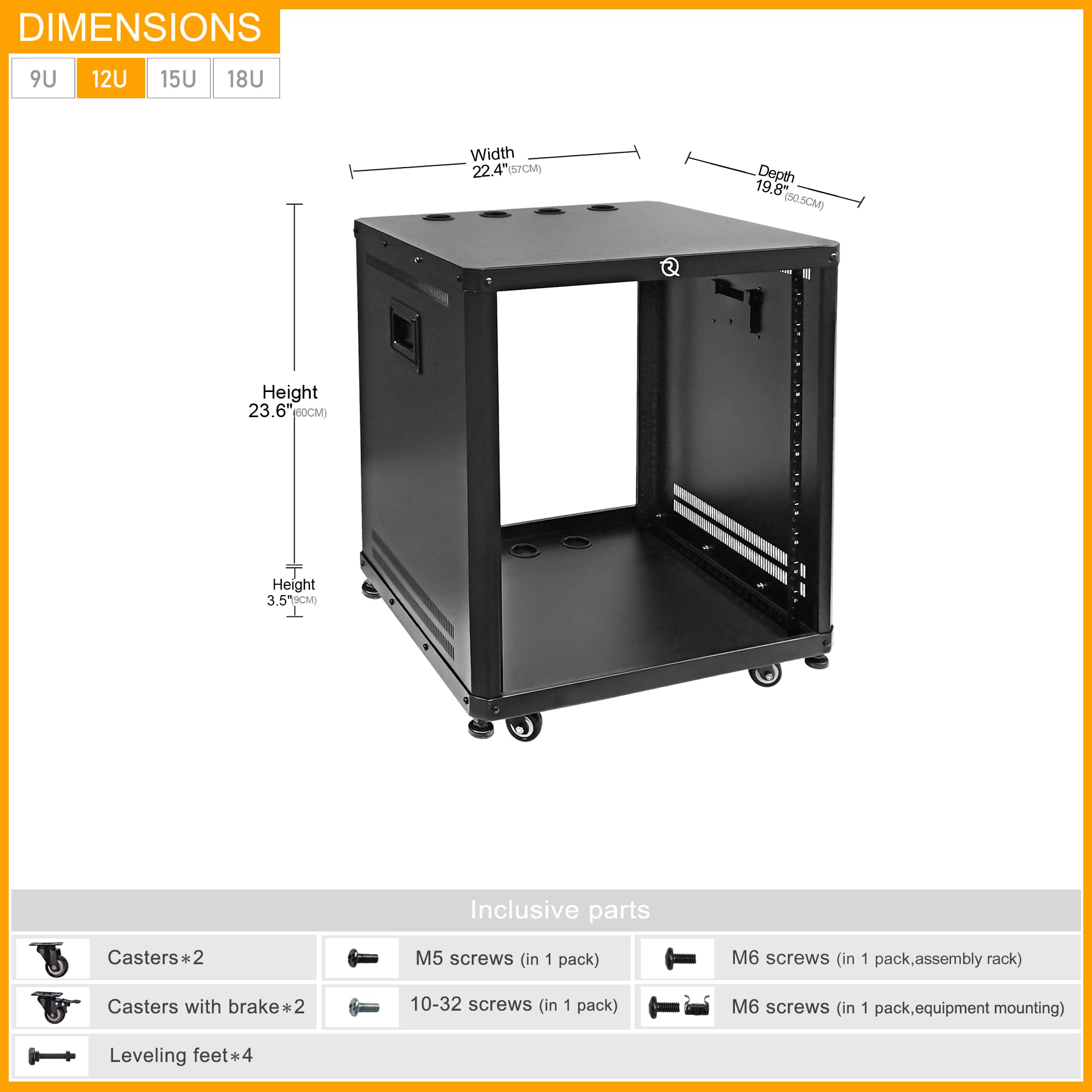 RIVECO Rack Di Rete Aperto 12U Con Ruote – Armadio Server In Acciaio, Fori Rotondi E Quadrati, Capacità 220 Kg, Accessori Inclusi