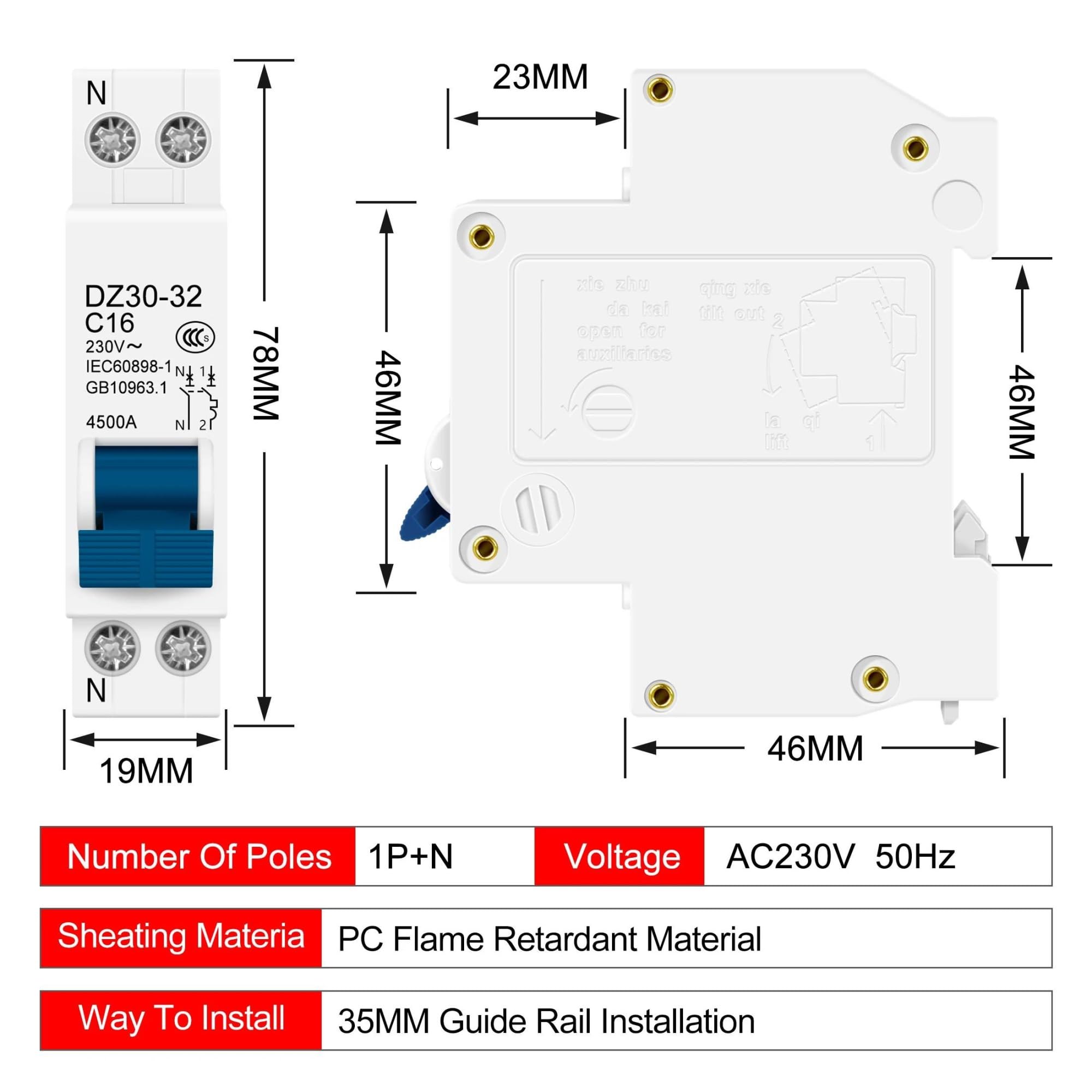 DZ30-32 DPN 1P+N 6A 10A 16A 20A 25A 32A 63A Mini interruttore automatico MCB montaggio su guida DIN da 35 mm interruttore di interruzione domestico(32A)
