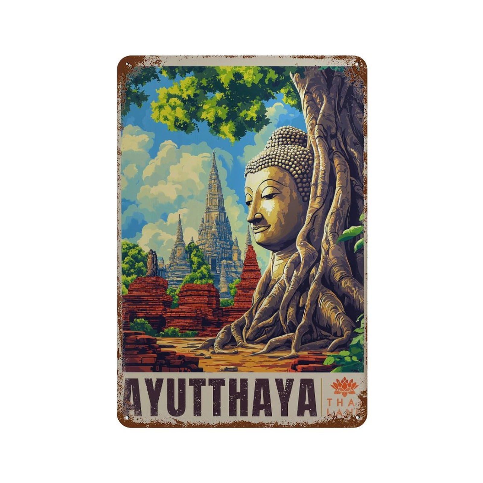 xiaoxiaoshen Ayutthaya Thailand Temples And Buddha Tree Wall Decor Art Metal Tin Poster Modern Home Decor Art Home Bar Shop Decorations Vintage Sign 30x20cm