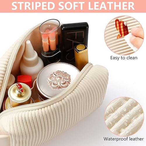 Miniatura 3 de LIYSOCA Bolsa de maquillaje de piel sintética a rayas, bolsa de aseo portátil de viaje, bolsa de cosméticos impermeable con asa, regalos de Navidad