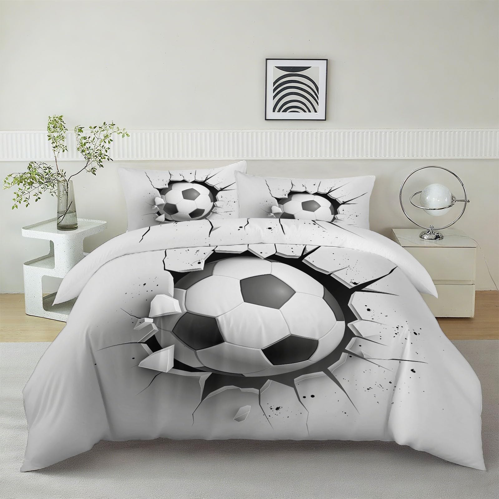 Juego de Funda Nórdica 3 Piezas para Cama 105 - Funda Edredón Reversible 180x220 cm Balón De Fútbol Pared Dibujo Animado, Ropa de Cama Gris para Cama Individual y Matrimonio
