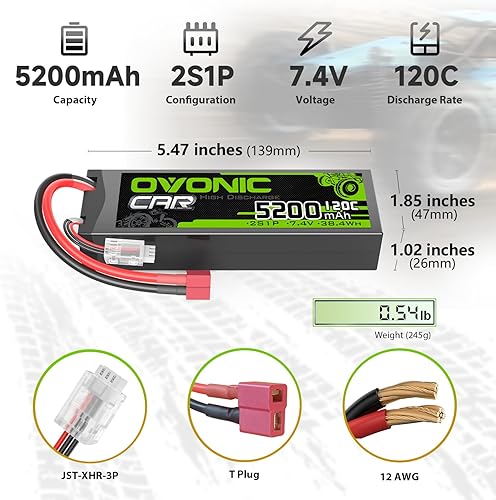 Miniatura 2 de OVONIC Batería LiPo 2S 7.4V 5200mAh 120C con enchufe T estilo Dean para RC Car RC Truck Avión Helicóptero Barco Carreras RC Hobby 2 paquetes