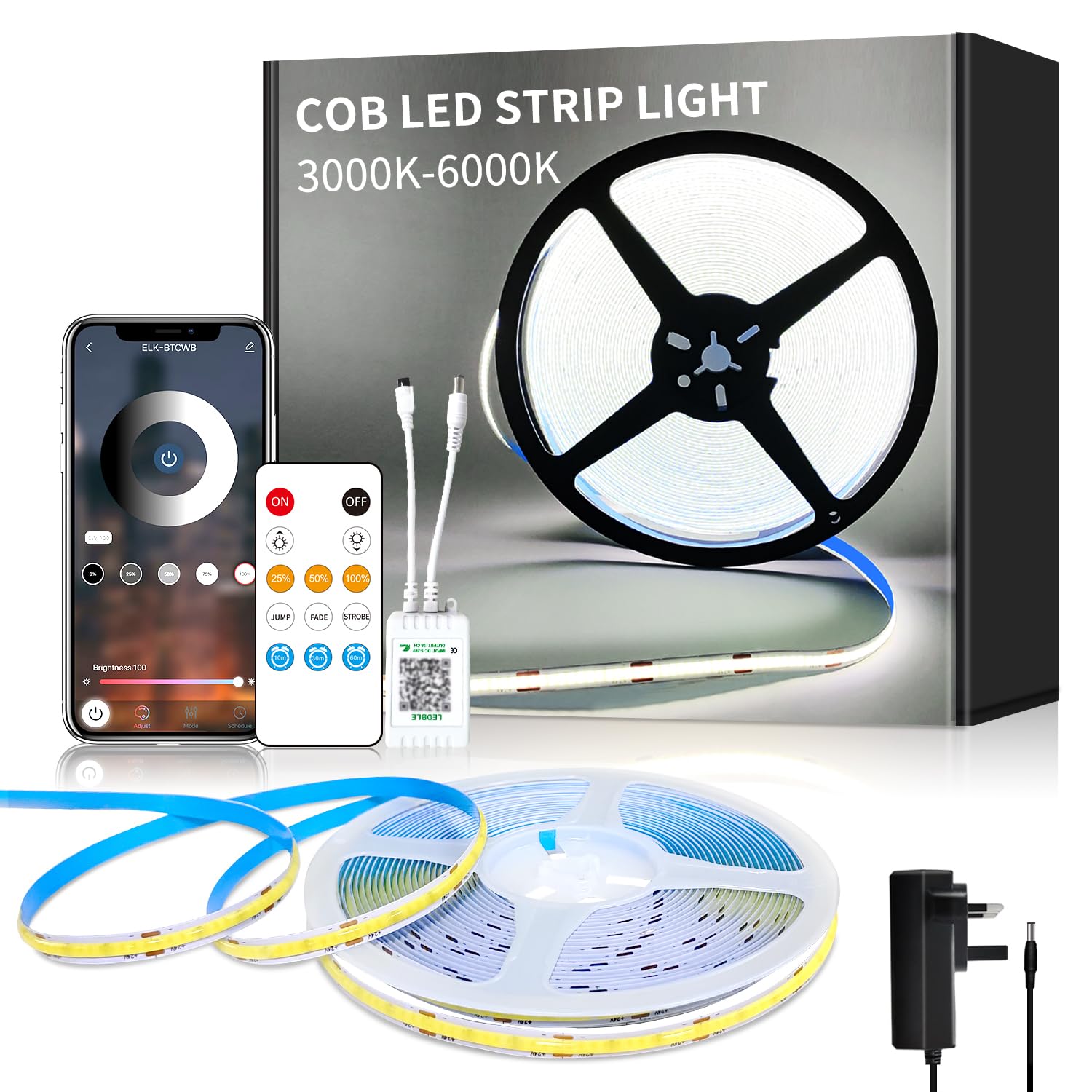 Yeewhale COB LED Strip Lights 6000K 10M DC 24V Dimmable LED Strip Kit, with Remote and app Control and UKCA Power Supply LED Tape Lights,for DIY Home Decoration,White — image 1