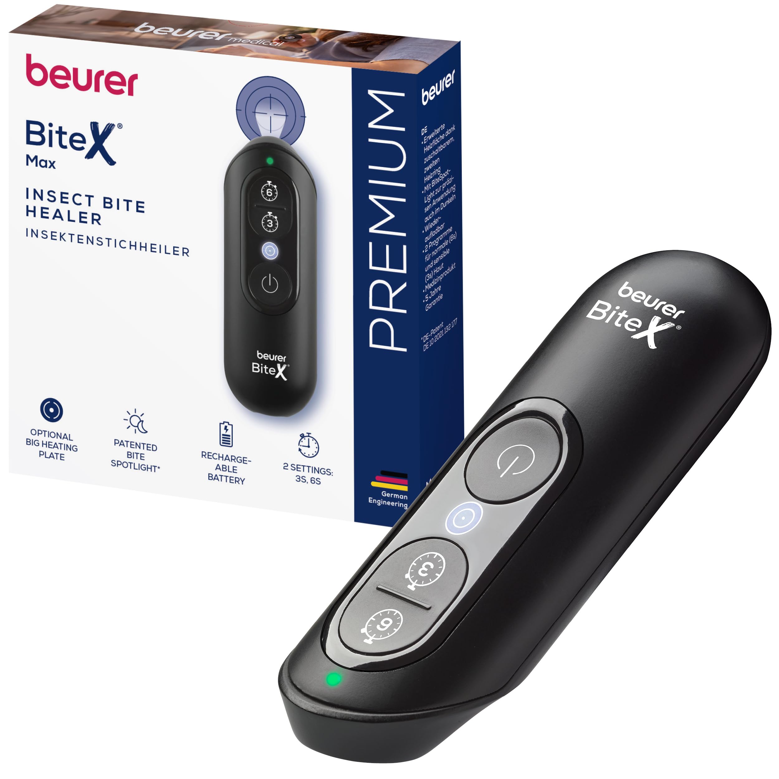 Beurer BiteX Max Deep Black Aparato contra picaduras de insectos con superficie de calentamiento más grande, para el tratamiento de picaduras y mordeduras de insectos, con luz, batería recargable