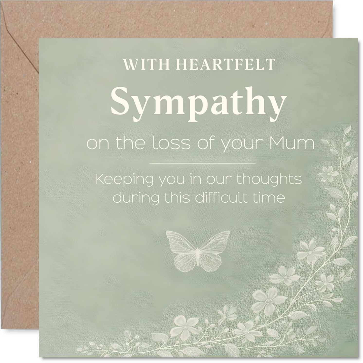 Heartfelt Sympathy Card - Loss of Mum - Gentle Butterfly and Flowers Design - Expresses Heartfelt Sympathy - Thoughtful Gesture of Comfort - 145mm Square, Envelope Included