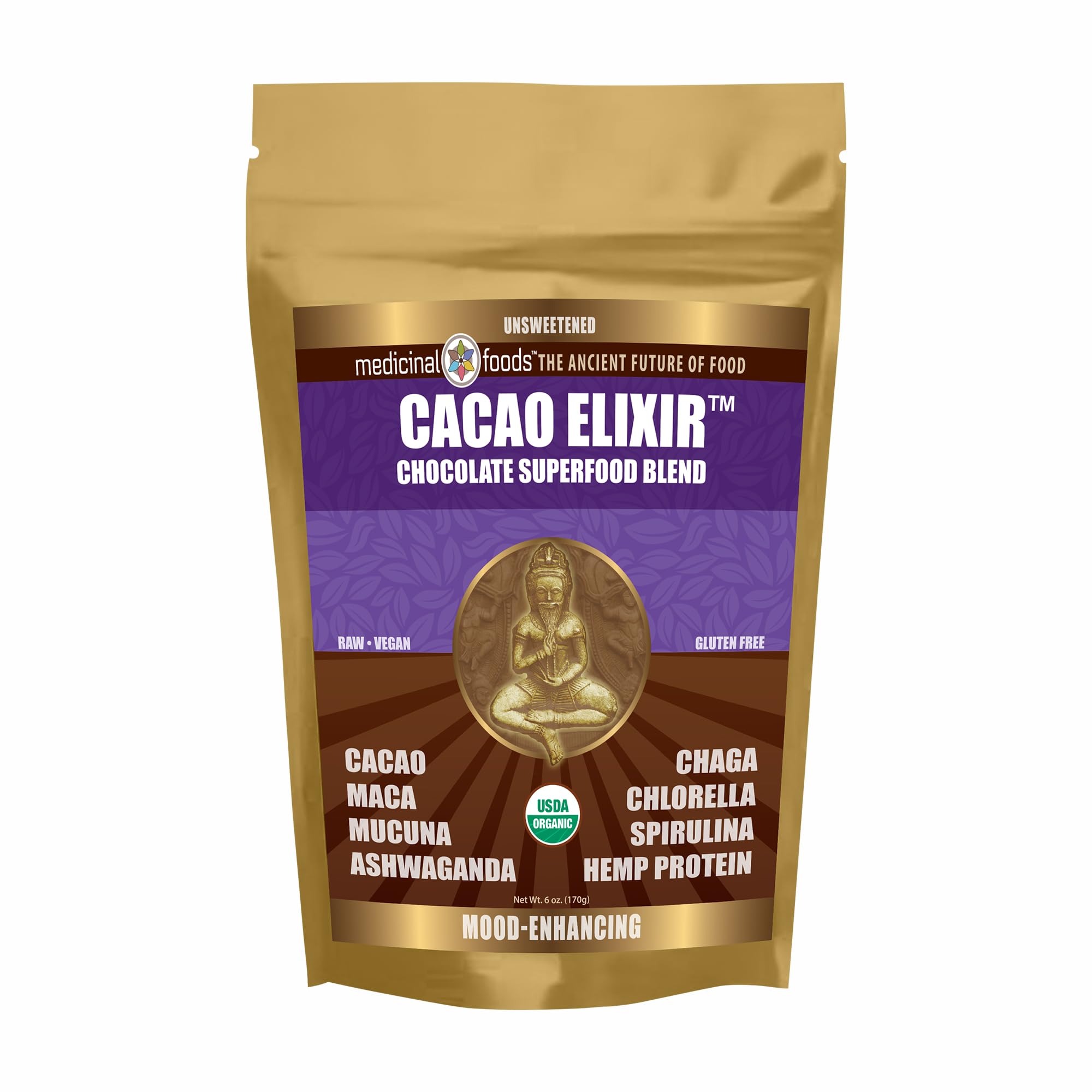 Medicinal Foods Original Organic Cacao Elixir | Mood Enhancing Raw Cocoa Powder Nutrition | Superfood Chocolate Mix | Ashwagandha | Shaman’s Blend | Certified Organic | Weight Loss Support | 170g