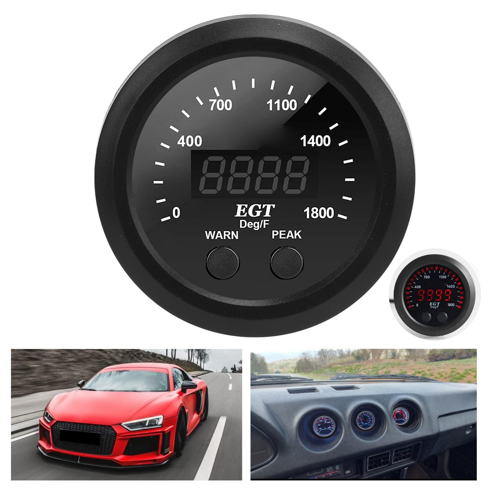 Misuratore della Temperatura dei Gas di Scarico, Manometro EGT Ultra Sottile da 52 Mm con Display Digitale per Camion, LED Rosso + Sfondo Bianco, Intervallo 0-1800 ℉