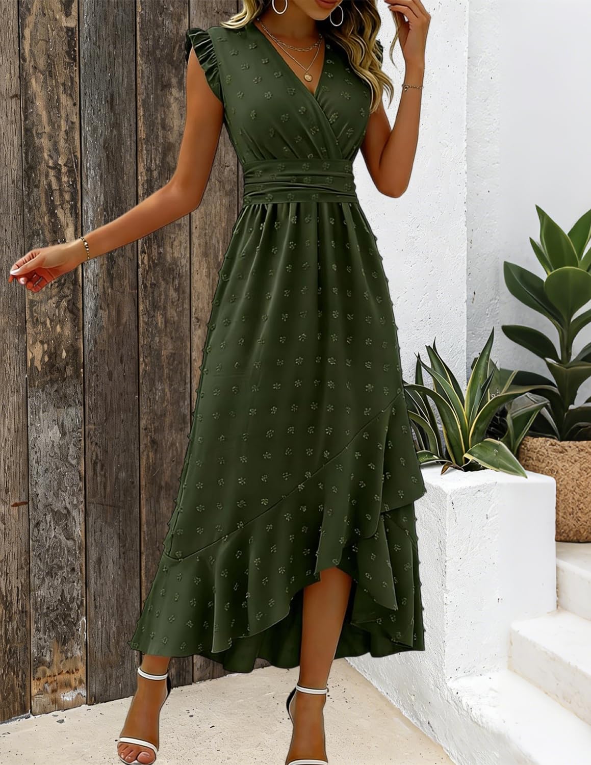 Sommerkleid Damen Boho Kleid Lang 2026 Kleid Damen V-Ausschnitt Hohe Taille Rüschen Schlitz Für Strand Hochzeit Cocktail Party