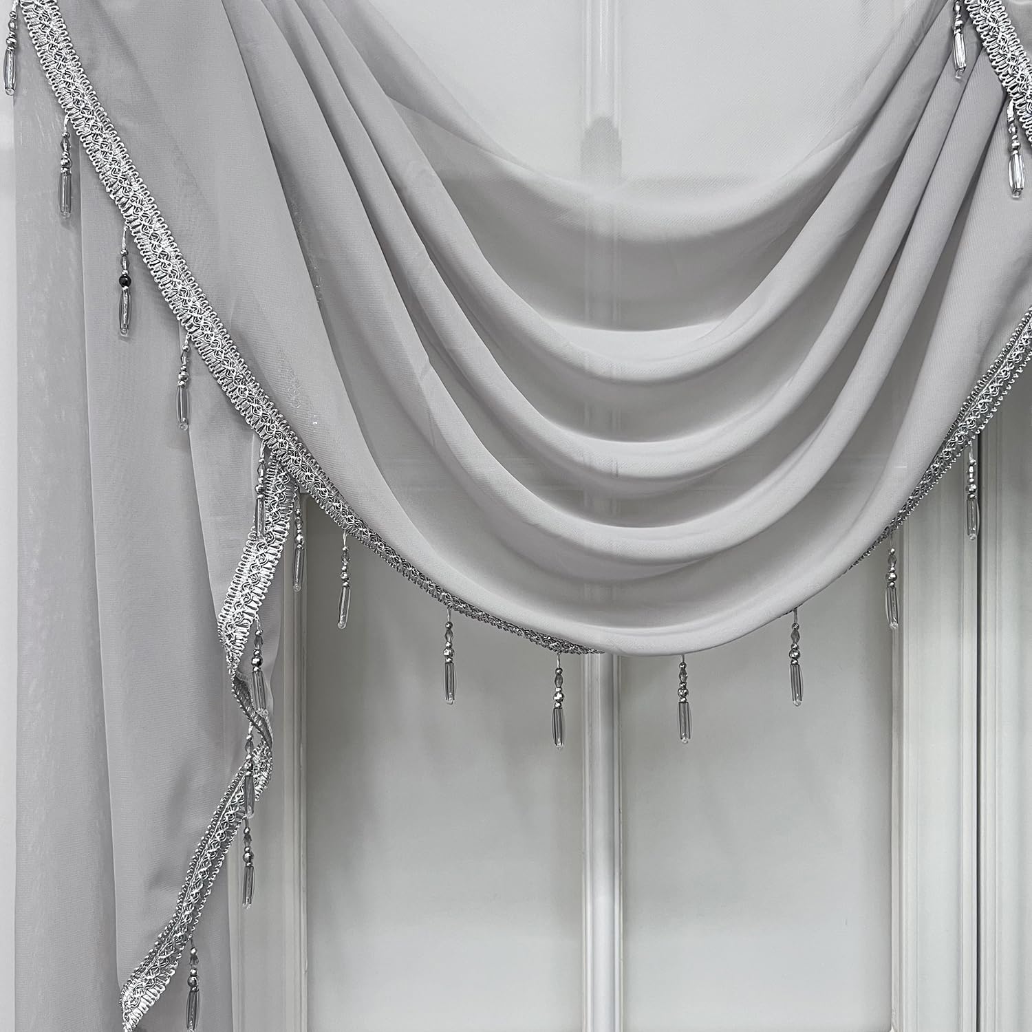 Cenefa De Cascada Gris Degradado Para Ventanas, Sala De Estar/dormitorio, Cenefas Transparentes Con Bolsillo Para Barra, Cortinas De Tratamiento De Ventanas De Cocina, 1 Panel, Gris Y Blanco