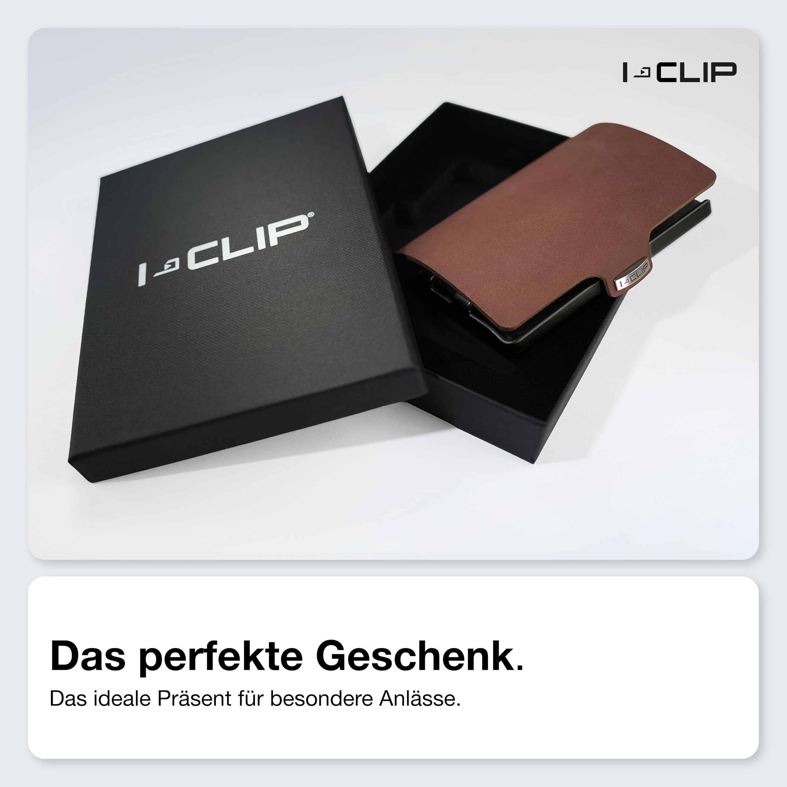 I-CLIP Original Herren Geldbörse – Slim Wallet mit Geldklammer – Mini-Portemonnaie mit Platz für bis zu 12 Karten – Ultraleicht mit nur 22g – Soft Touch Leder Oak – Schwarzer Rahmen