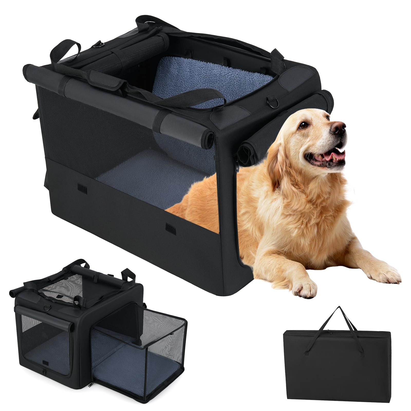 GYMAX Transportín para Perros, Mochila Extensible para Gatos con Ventanas de Malla, Espacio Extra, Bolsillos Laterales y Portavasos, Alfombra Suave, Bolsa para Mascotas Plegable (Negro+Gris, S)