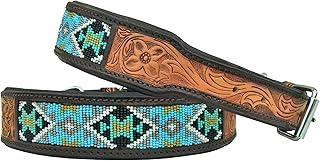 Leather Dog Collar Medium Size Western Style Heavy Duty Hand Tooled Adjustable Beaded and Padded Soft for Puppies and Big Dogs 10AB026-M