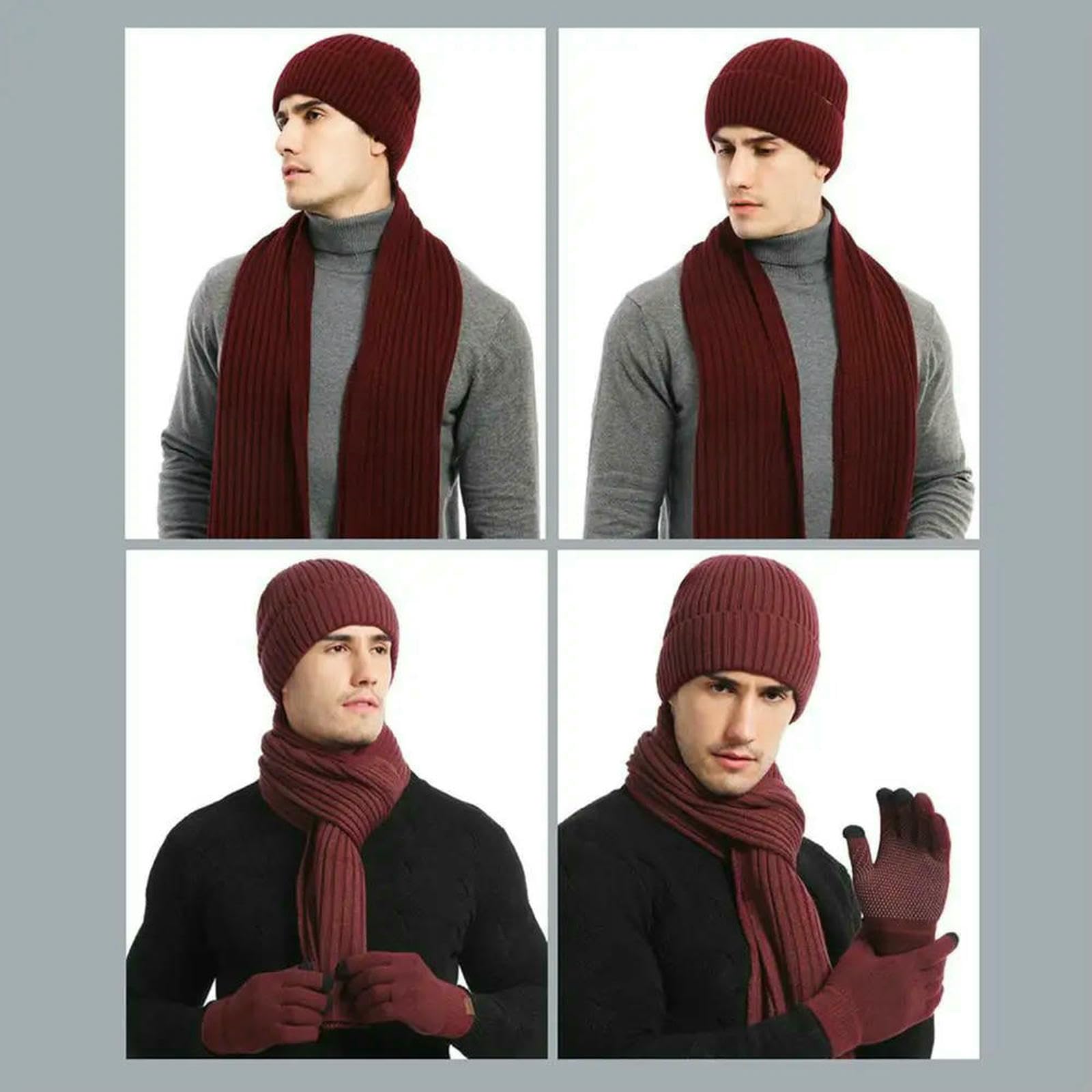 Mütze,Schal & Handschuh-Sets Verdickte Mützen, Schals, Handschuhe, Unisex, Fleece-gefütterte Beanie-mütze, Warmer Winterstrick, 3-in-1-set Für Damen Und Herren-rot