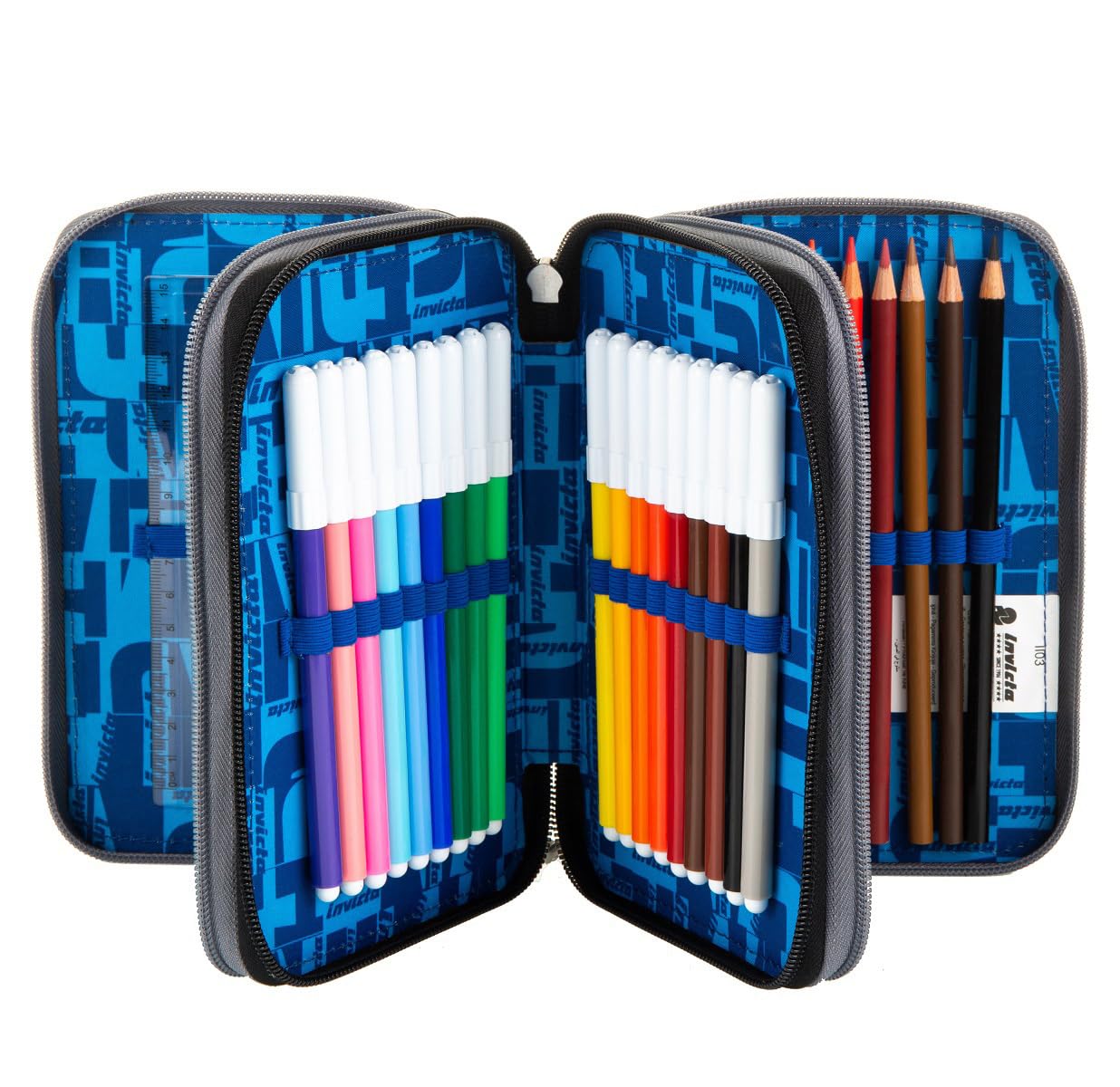 Invicta Astuccio Scuola 3 Zip, Blu, Kupang, Triplo Scomparto Completo di Penne, Matite e Pennarelli, Accessori Scuola, Accessori Zaino, Scuola Elementare, Bambino
