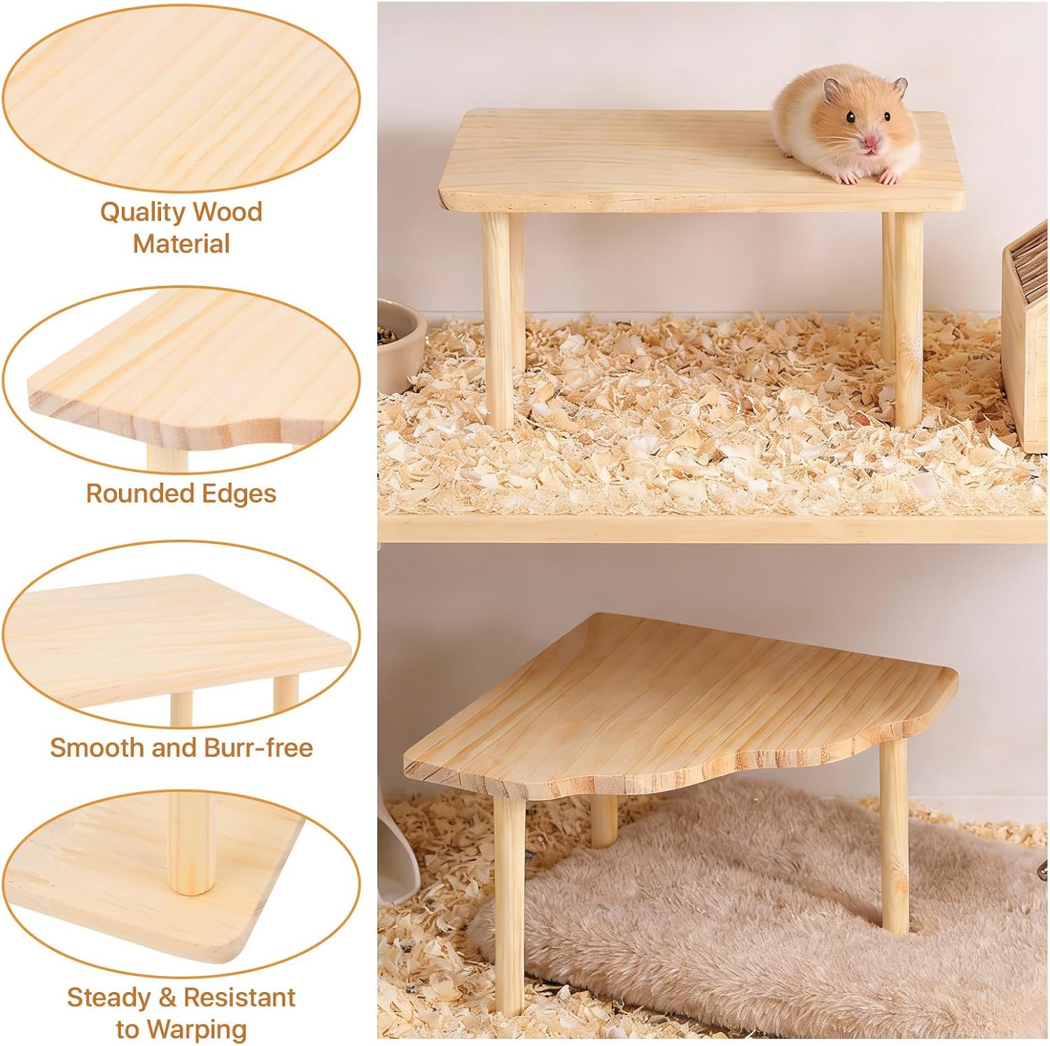 3 Pcs Hamster Platforms, Natural Pine Hamster Play Table, Rectangular & Triangle Hamsters Wooden Playground with Platforms for Hamsters, Gerbils, Mice, Squirrel, Small Pets Cage Accessories