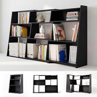 Upgraded Wooden Expandable Bookcase, 3-Tier Low Bookshelf, Black | Adjustable 3 Units Modular Design, Upgraded 9 Open Cubbies, Extends 26.6'' to 68.9'' for Flexible Straight or Corner Space