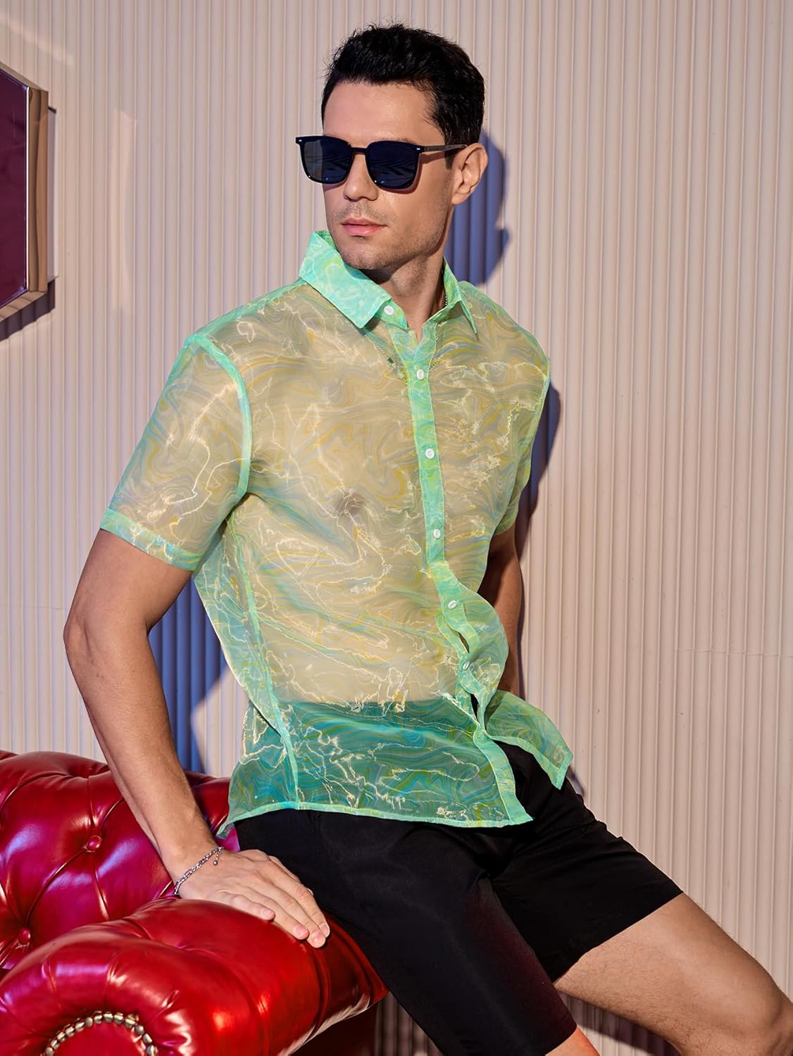 WDIRARA Men's Sheer Ombre Button Down Short Sleeve Organza Party Disco Shirt Top - Image 3