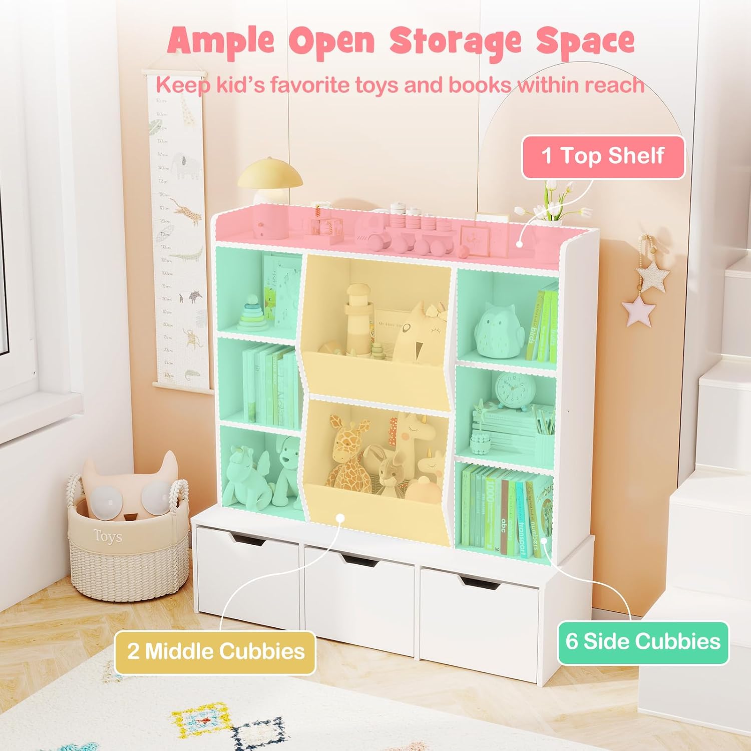 KOTEK Toy Storage Cabinet, Large Toy Box with 3 Movable Drawers & 8 Storage Cubbies, Kids Bookshelf and Toy Organizer for Living Room, Playroom, Nursery (White)