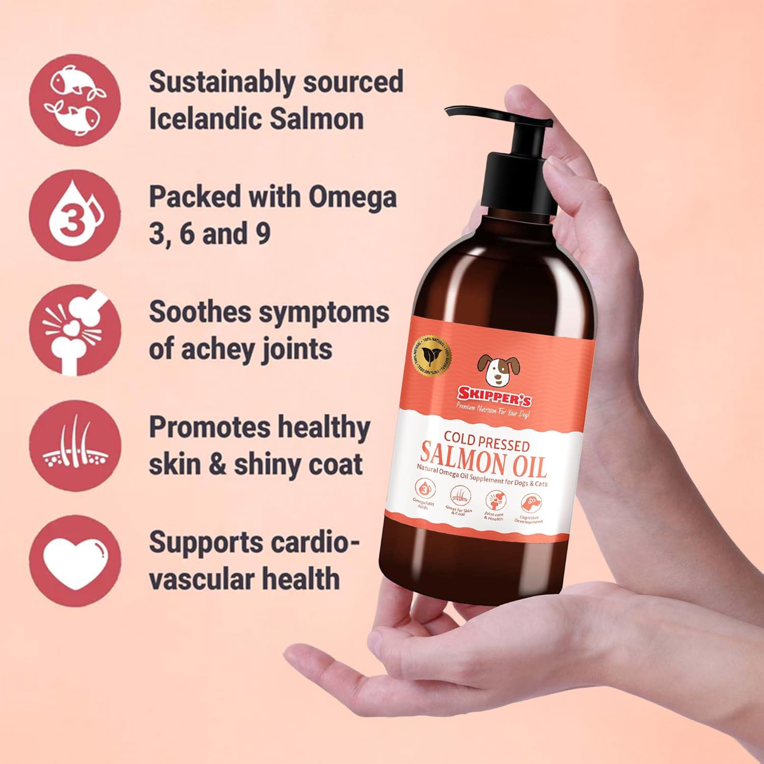 SKIPPER'S Cold Pressed Salmon Oil for Dogs & Cats, 100% Fresh Icelandic Omega 3 & 6 Oil Supplement, Supports Skin and Coat - Image 3