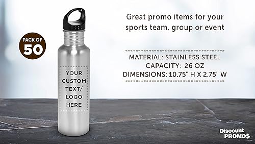 Miniatura 4 de DISCOUNT PROMOS Botellas de agua personalizadas de acero inoxidable de 26 onzas, juego de 50, paquete a granel personalizado, reutilizables, a