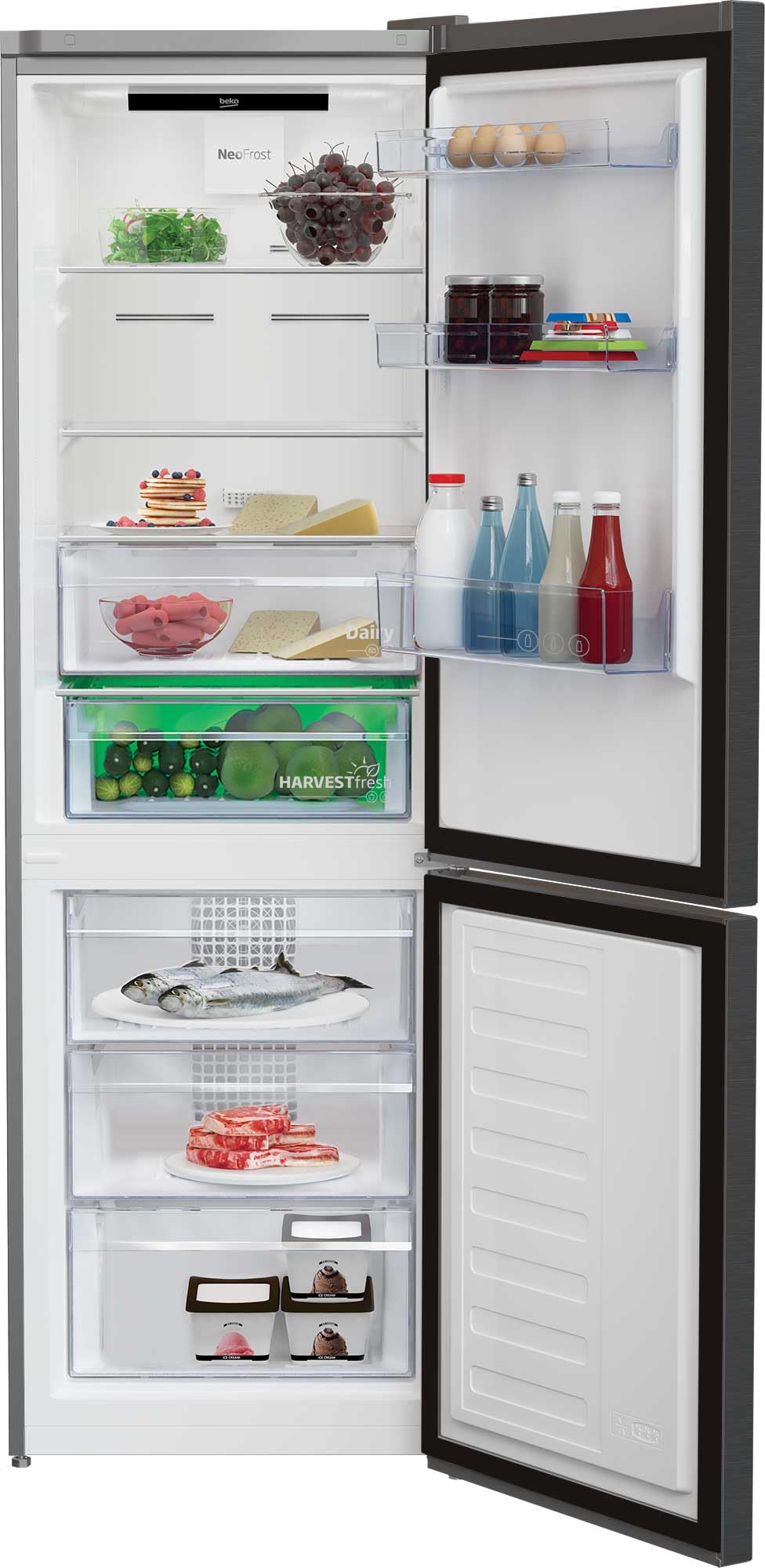Beko RCNE366E70ZXBRN Réfrigérateur combiné - 323L, NoFrost, Smooth Fit, 3 tiroirs de congélation, Zone 0°C, HarvestFresh, Alarme de porte, Dark Inox, Classe B