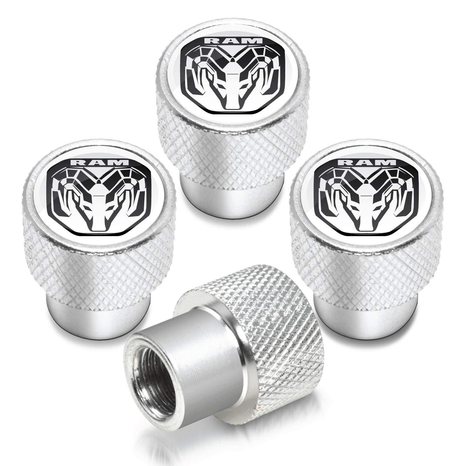 for RAM 2019 Logo in White on Shining Silver Aluminum Tire Valve Stem Caps