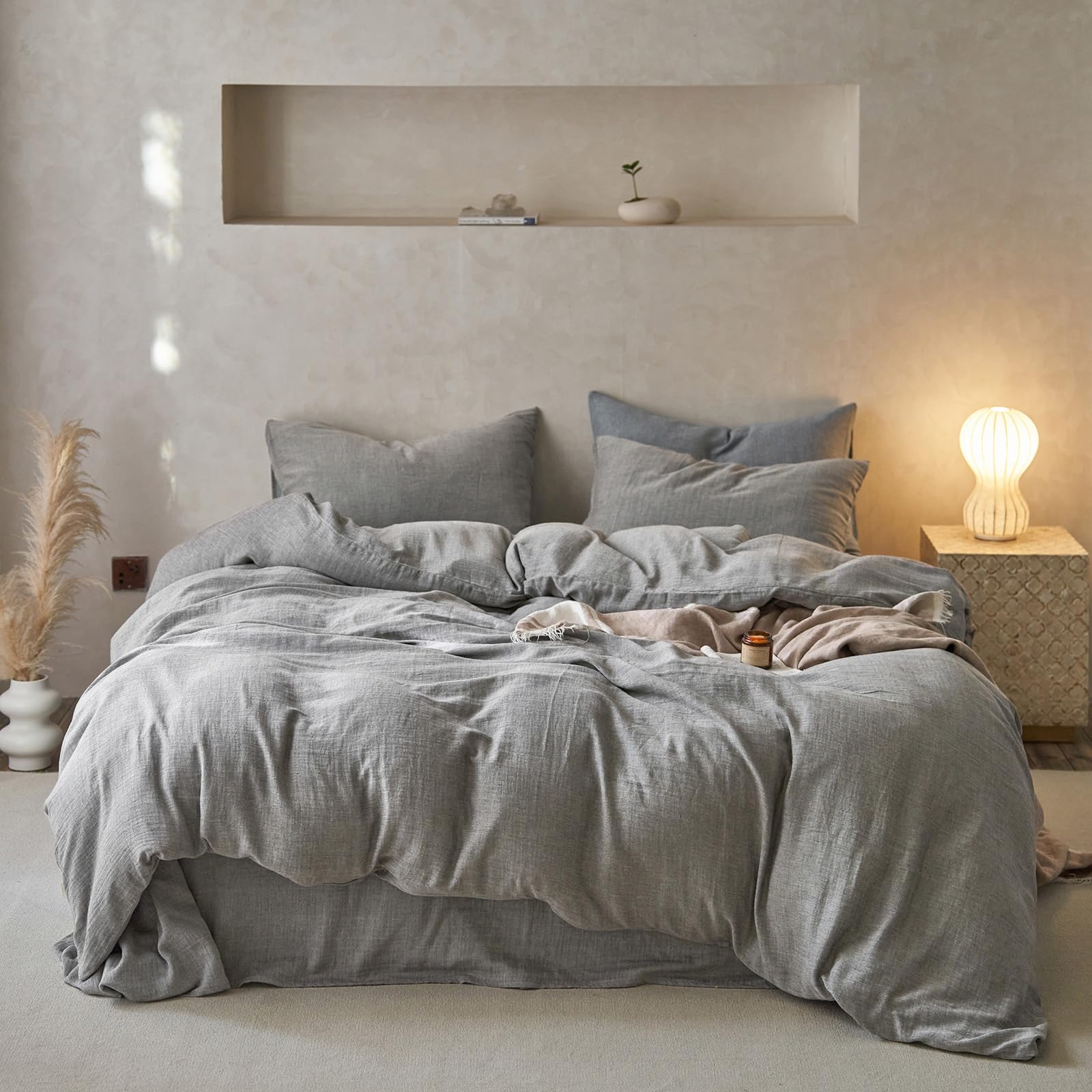 EAVD Dark Grey Duvet Cover Full Soft Breathable 100% Muslin Cotton Gauze Bedding Set with 2 Pillowcases Modern Simple Solid Dark Grey Bedding Set with Zipper Closure