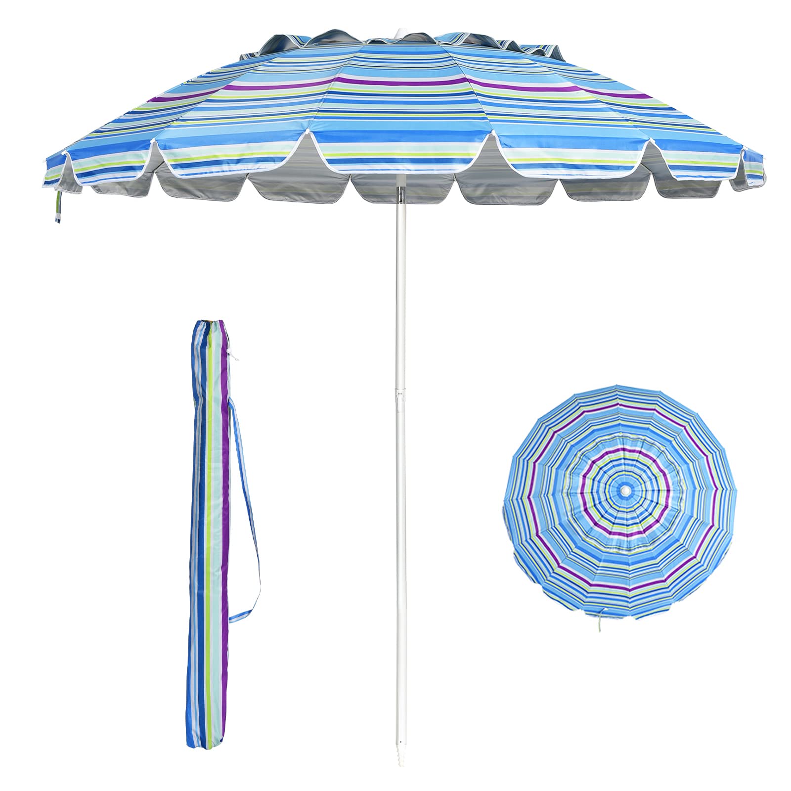 RELAX4LIFE Ombrellone da Spiaggia e Esterno 2,43M, Tettuccio Inclinabile, Protezione Solare UV50+, Telaio a 16 Stecche in Fibra di Vetro, Base non Inclusa, per Mare/Giardino/Campeggio (Righe Fini)
