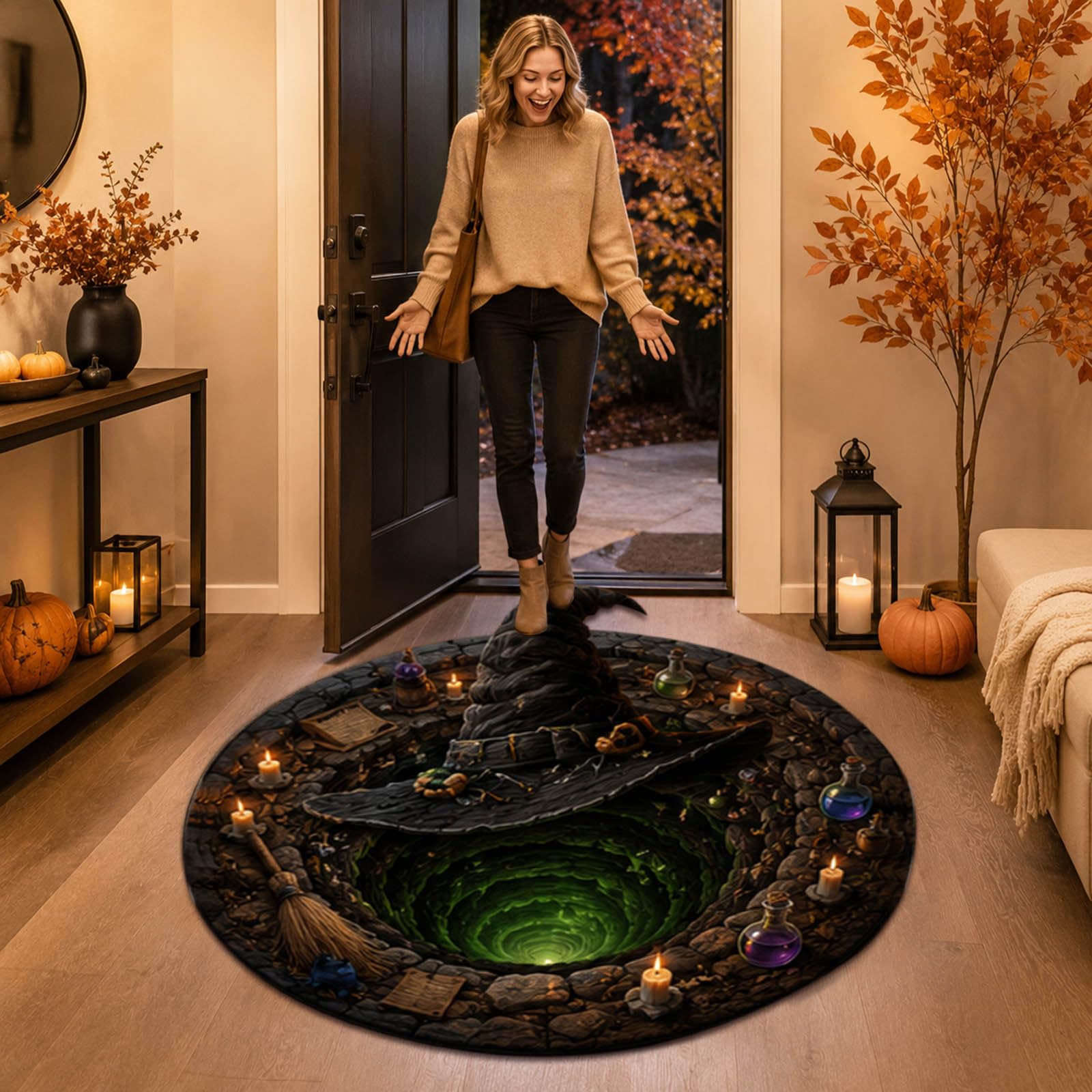 Halloween 3D Rug, 3D Optical Illusion Rugs, Soft & Durable Fabric, Non-Slip Round Halloween Theme Quilted Rug for Bathroom Bedroom Living Room Entryway Holiday Party Indoor Outdoor (G_40*40cm)
