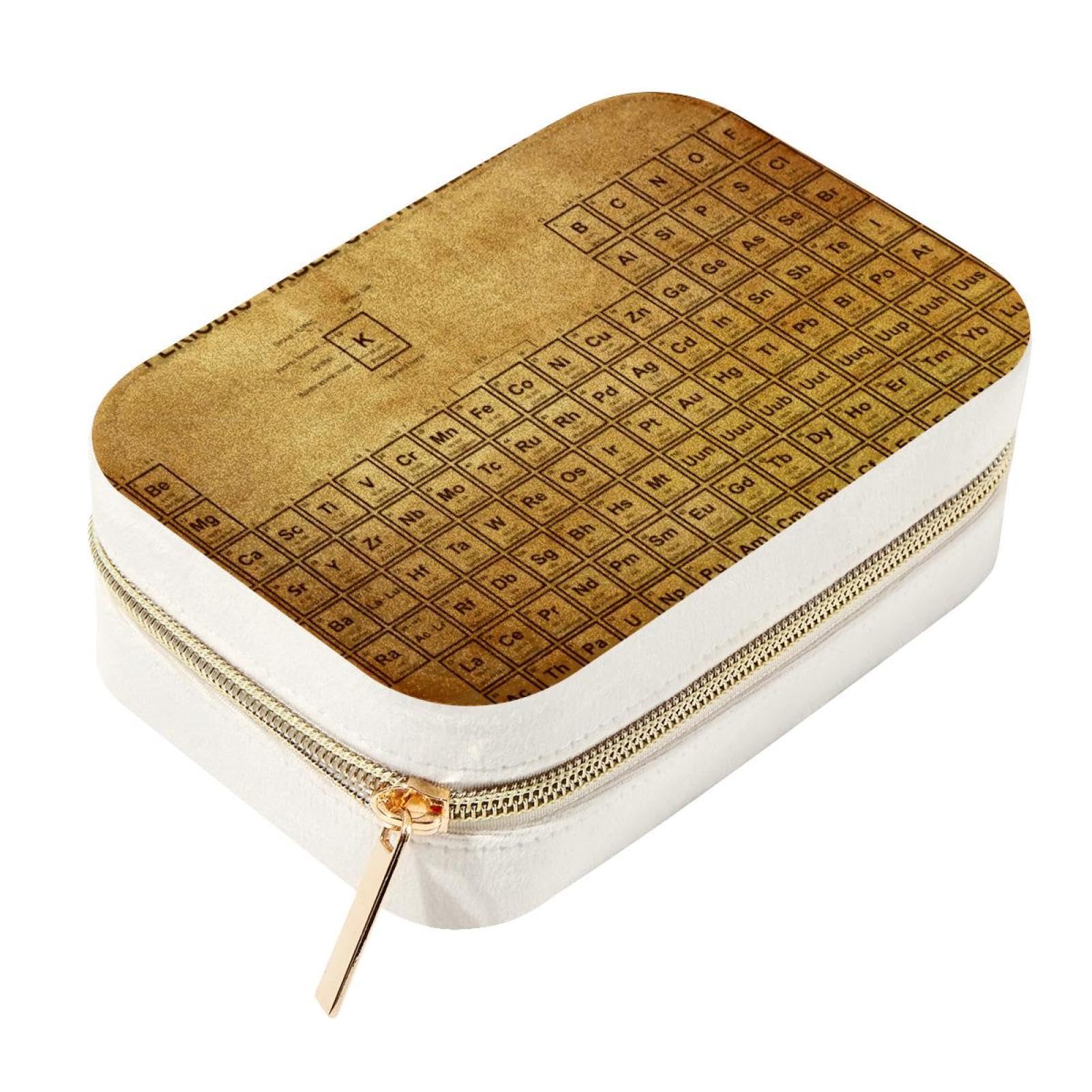 Boîte à bijoux de voyage vintage avec tableau périodique, étui velours portable