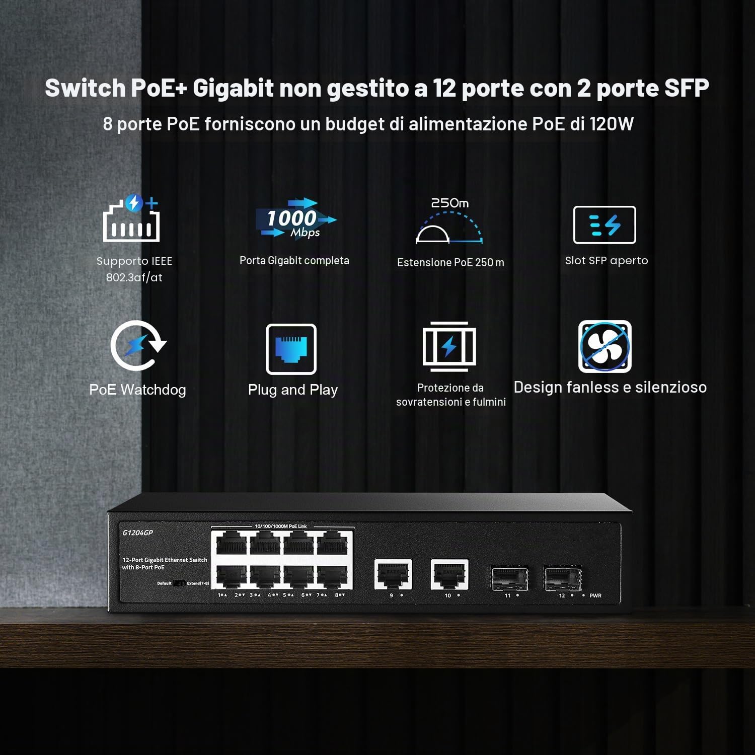 YuLinca Switch 12 porte Gigabit PoE, 8 GE PoE+, 2 GE Uplink, 2 Gigabit SFP Slot, IEEE802.3af/at Max 120W, Switch Ethernet Plug&Play non gestito senza ventola
