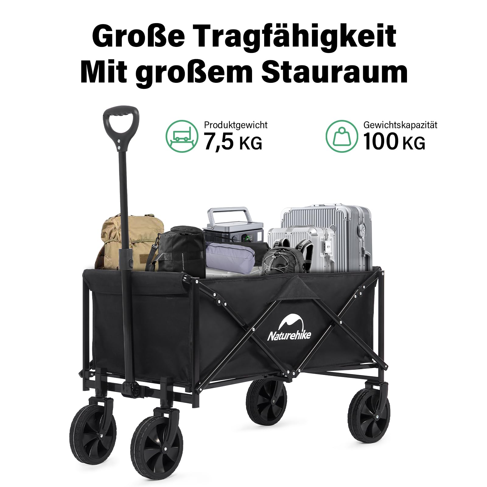 Naturehike Hand Cart, 100 kg, 193 L, All-Terrain Transport Trolley, Folding Garden Trolley in Four Directions, Adjustable Handle, Outdoor, Camping, Shopping Garden, Brown