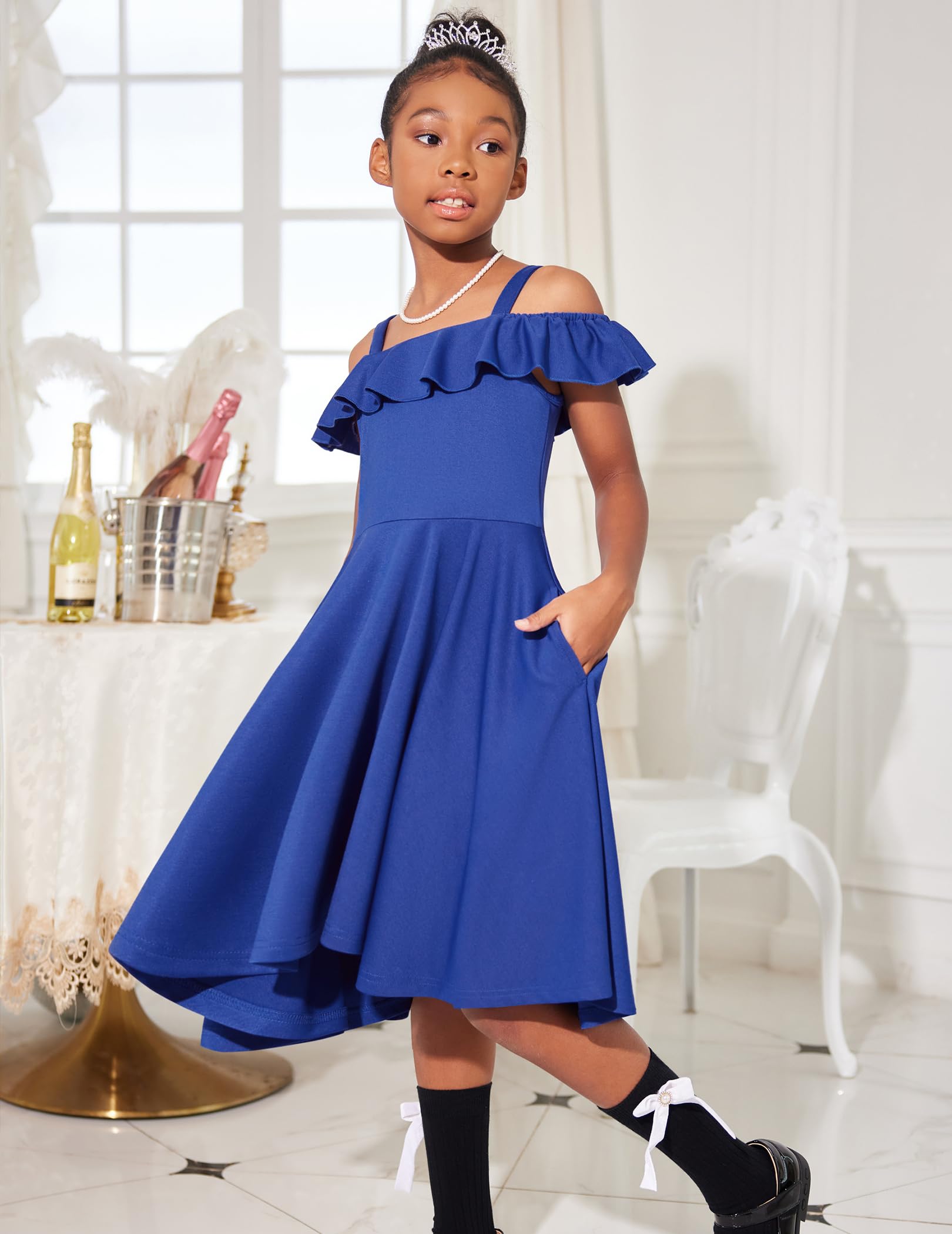 Arshiner Robe d'été pour Filles épaules Dénudées Manches à Volants Robe élégante à Bretelles Robe trapèze Robe Haute et Basse Robes Décontractées avec Poche 4-13 Ans