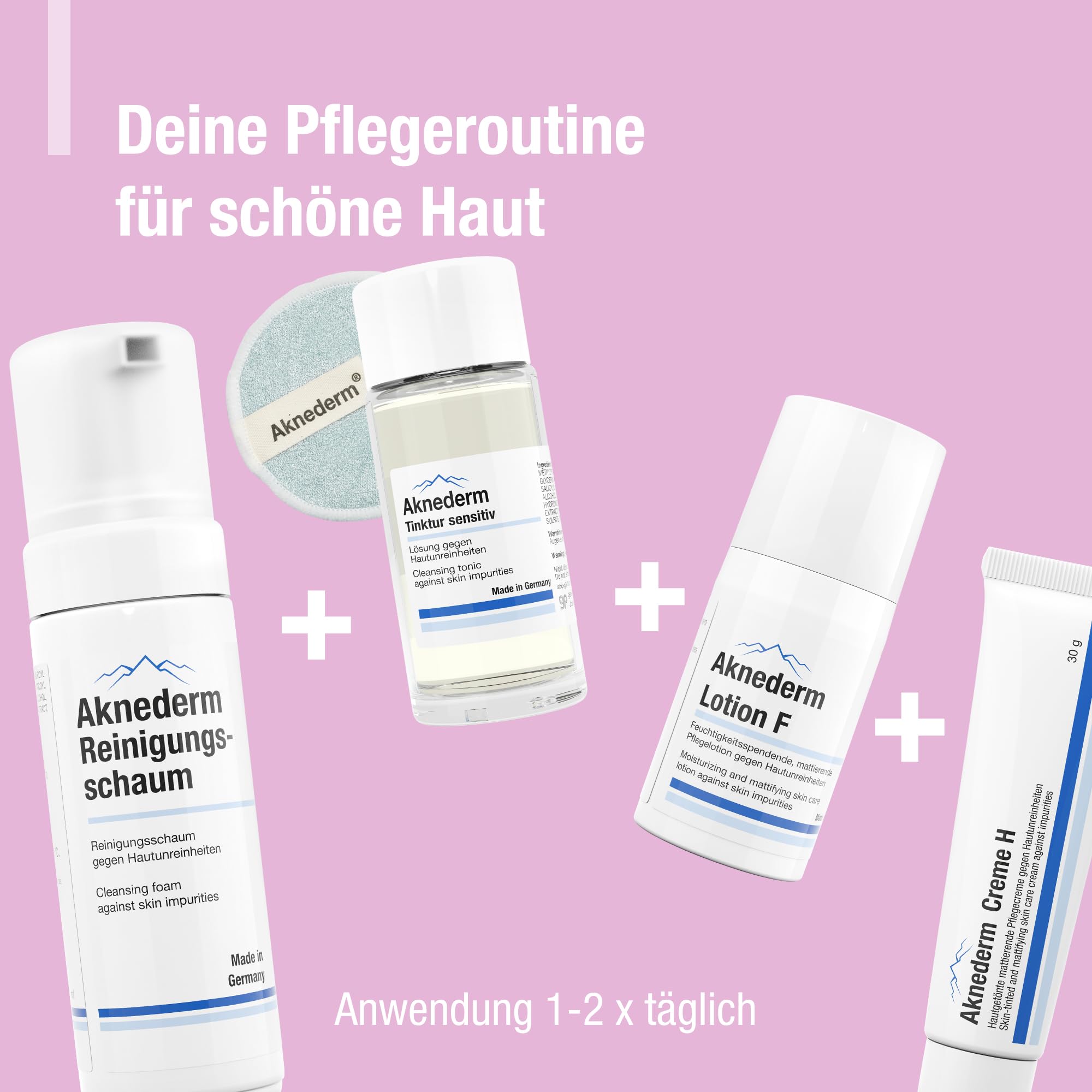 aknederm Premium Reinigungsset für sensible Haut - Set mit Tinktur/Reinigungsschaum/Lotion/Creme H & Reinigungspads - natürliches Skincare Set kaschiert Pickel - ideal zur Akne Behandlung