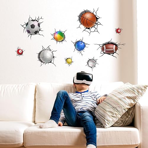 Miniatura 4 de Pelotas deportivas 3D, calcomanías de pared para romper a través de la pared, calcomanías de pared extraíbles, despegar y pegar, baloncesto, rugby,
