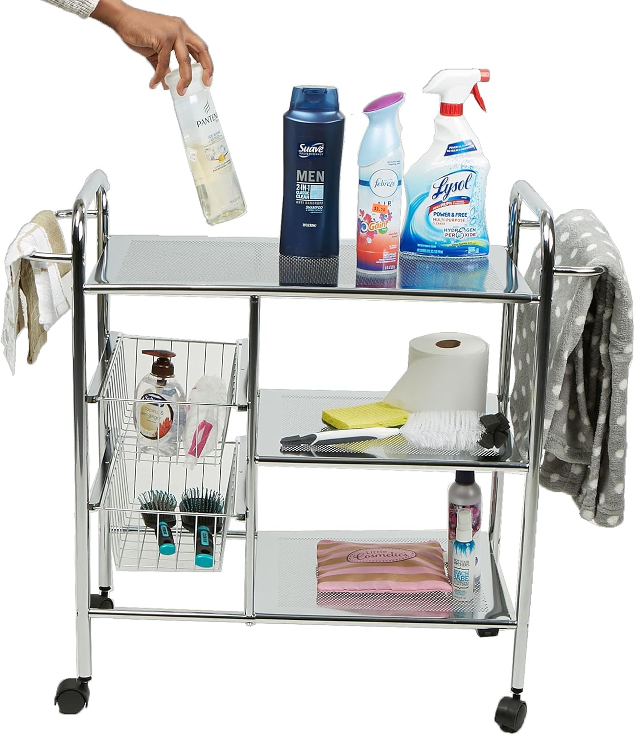 🛒 Flash Sale Mind Reader 3-Tier Kitchen / Utility Cart with 2 Shelves, 2 Baskets For Extra Storage, Handles for Hanging Towels