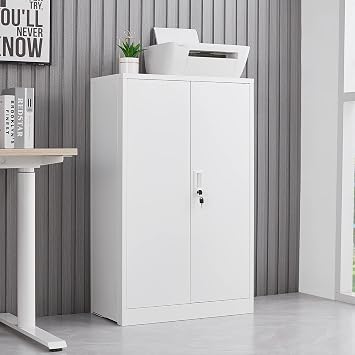 Metal Folding Filing Cabinet with Locking Doors & Adjustable Shelf, Floor Storage Cabinet for Legal and Letter Files, Steel Garage Storage Cabinets for Home Office, School, Garage, White