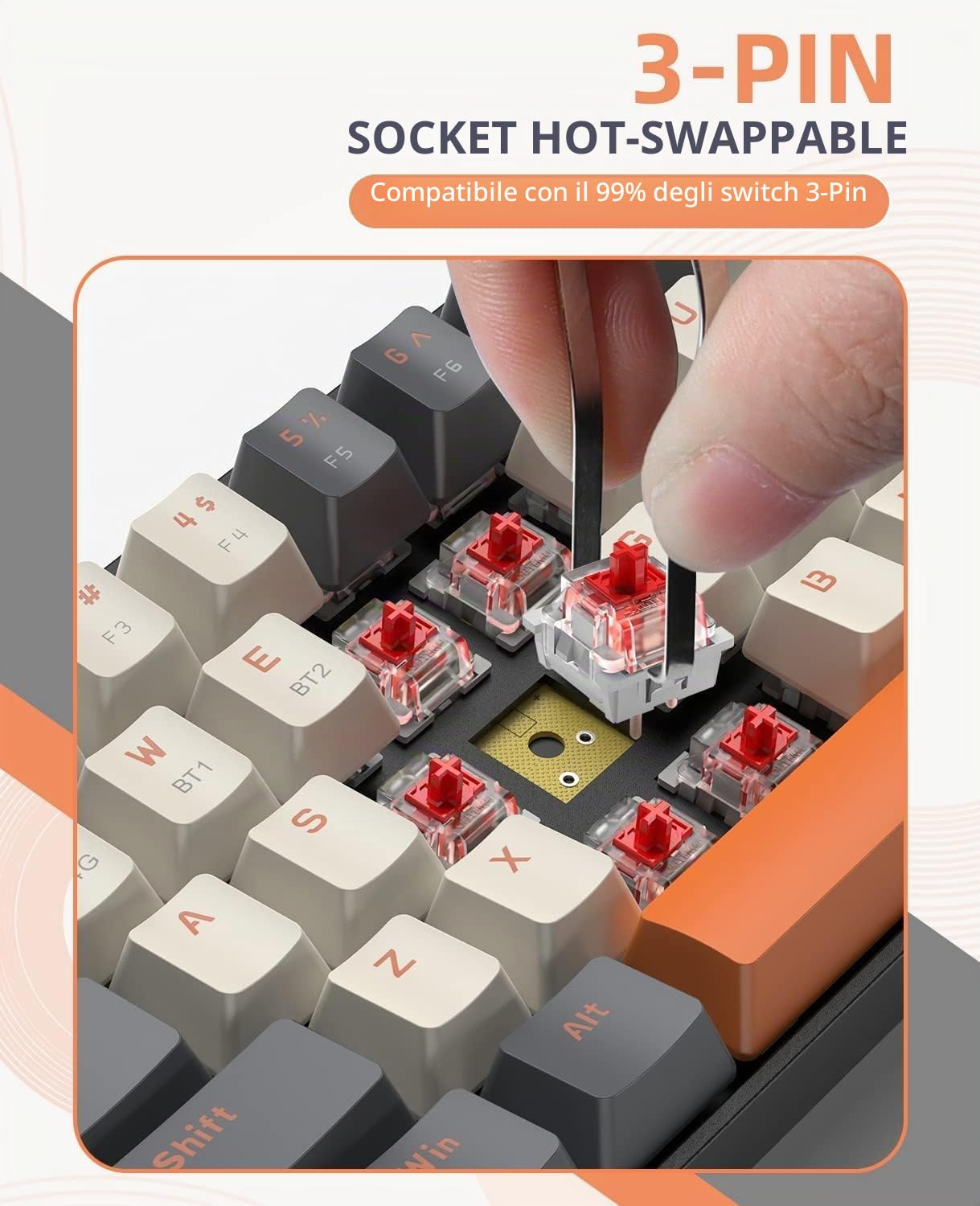 YINDIAO K68 Tastiera da Gioco Meccanica Wireless al 60%,68 Tasti Mini Tastiera Compatta Bluetooth 5.0/2.4Ghz con Ricevitore Dual Mode,Sostituibile a Caldo,Interruttore Rosso,per PC,MAC (Crepuscolo)
