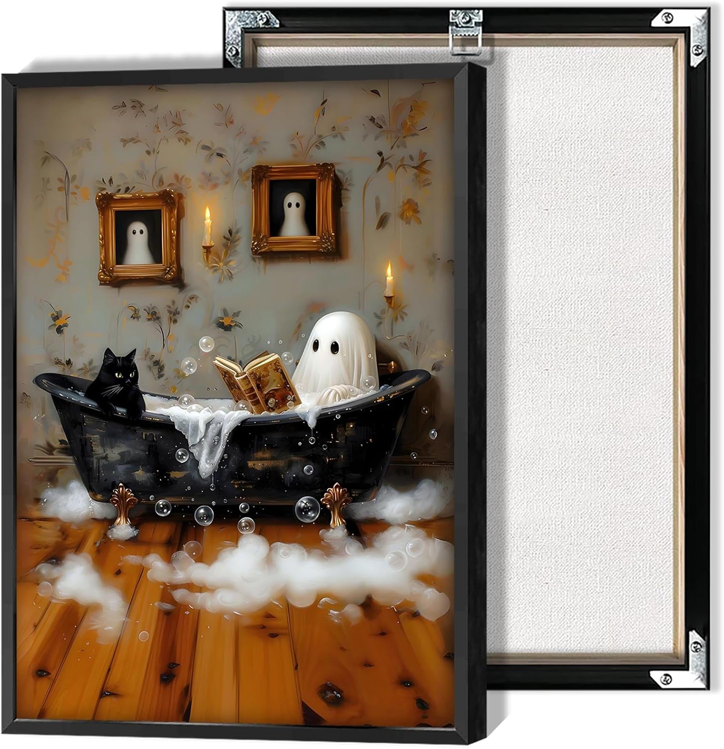 Halloween Ghost Black Cat Bubblebath Canvas Posters Bathroom Cute Ghost Wall Art Goth Dark Academia Spooky Bubblebath Prints Painting For Living Room Bedroom Wall Decor 12x16in Black Framed