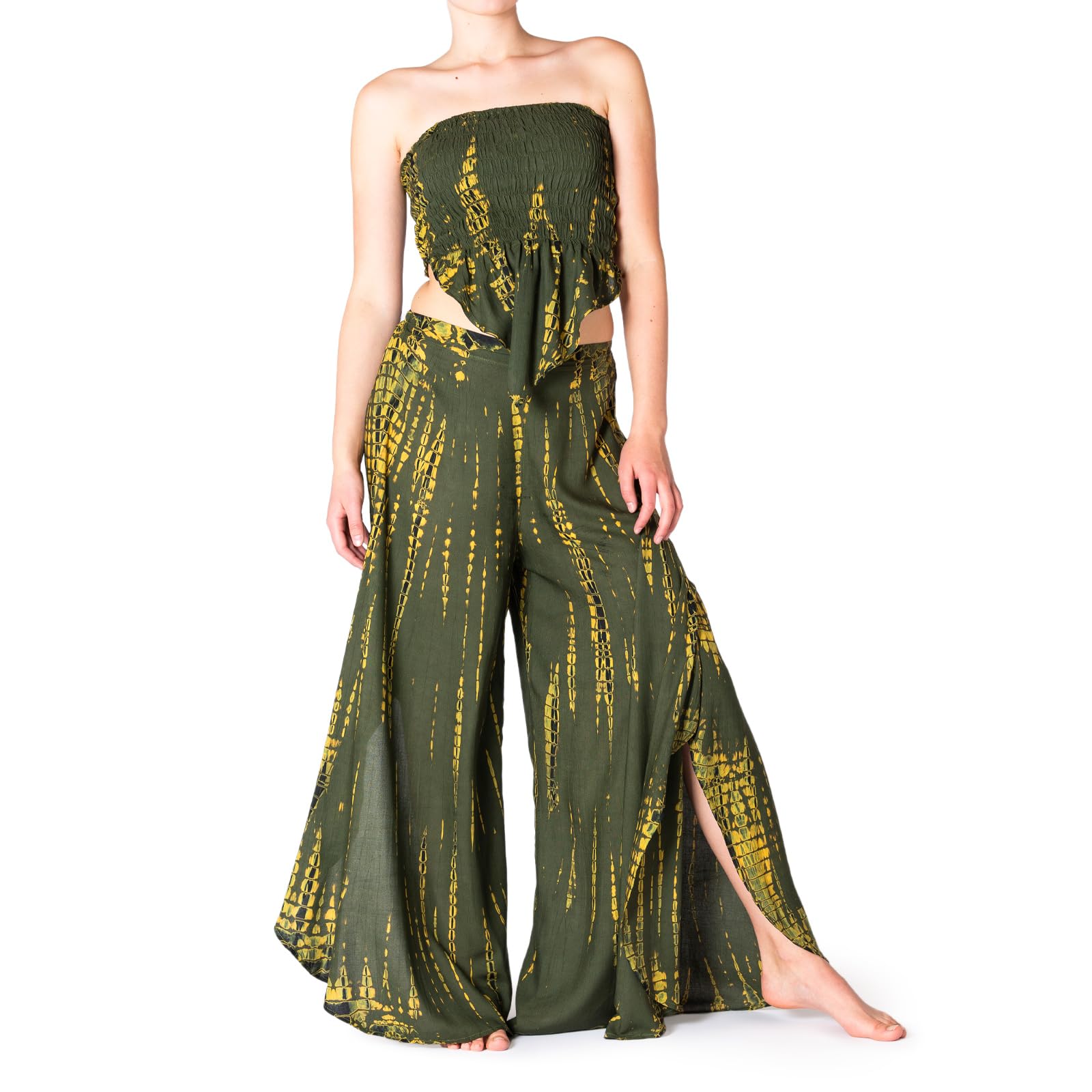 Panasiam Women's Olive Green Yellow Pants Top Set Cuba Tiedy, M