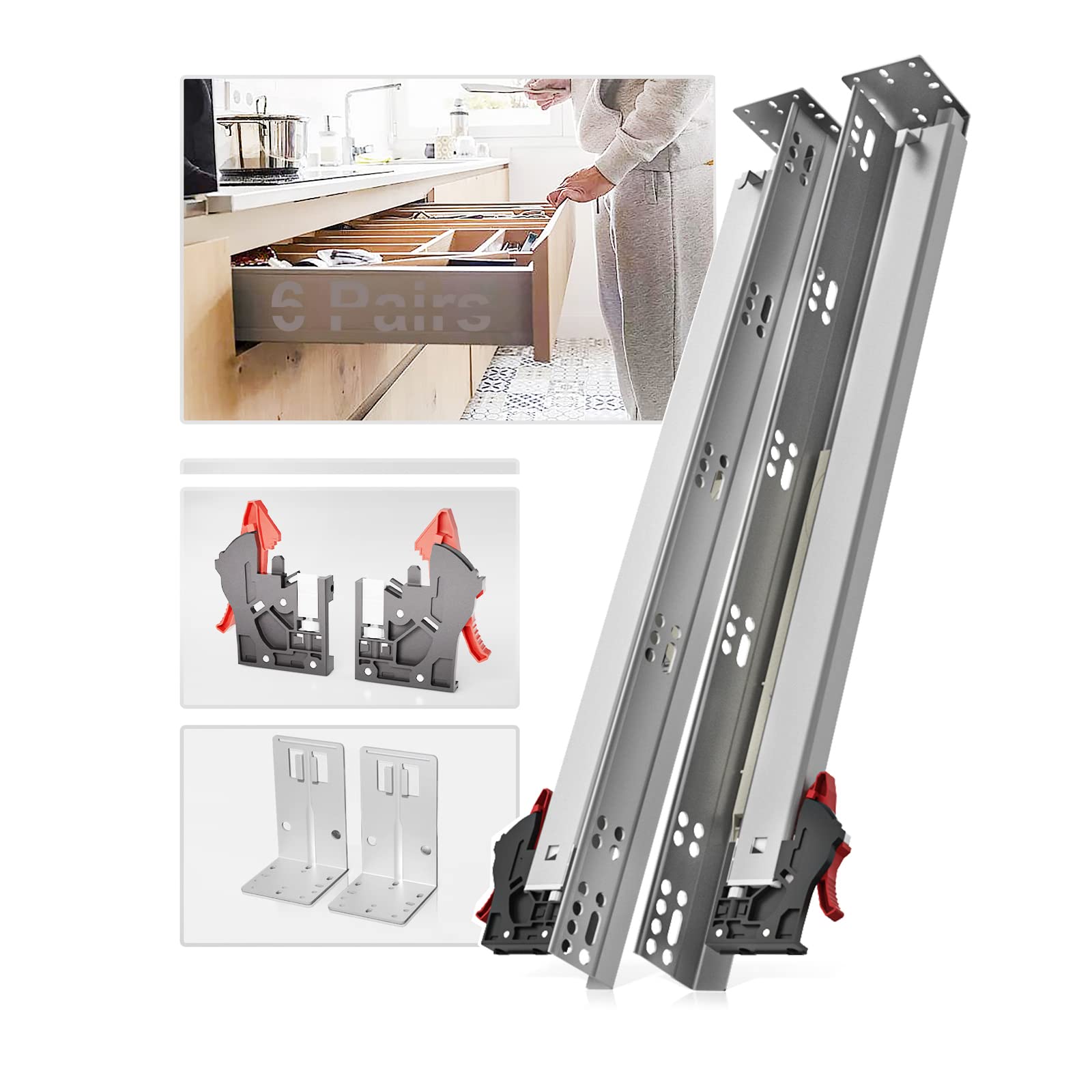 SHUHANG 6 Pairs of 24 Inch Undermount Drawer Slides Soft Close Full Extension Concealed Rails with Adjustable Locking Devices and Brackets Mount for face Frame or Frameless Application