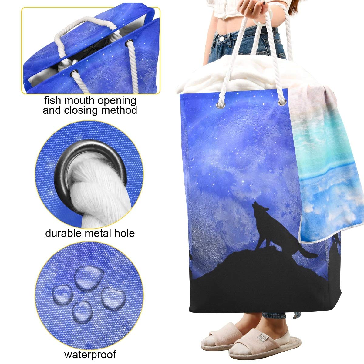 Bolsa de lavandería grande con asas de transporte para ropa sucia de Halloween Lobo aullando Luna